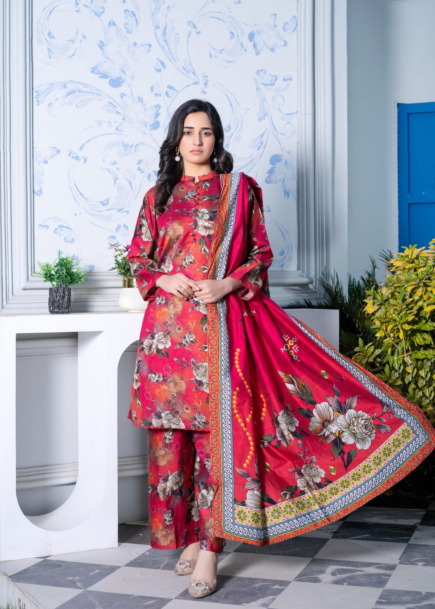 khaddi net Kurta Set in Ruby red