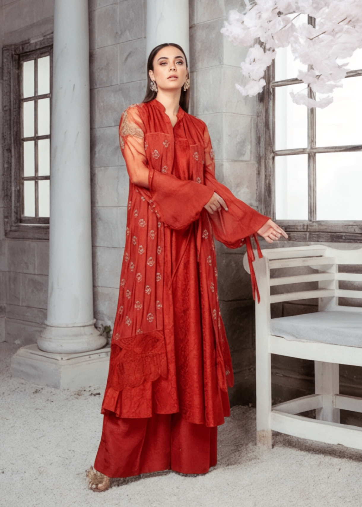 khaddi net Gown in Flame