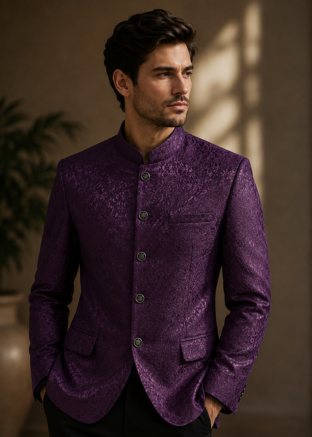 traditional jamawar Prince Coat in Plum purple