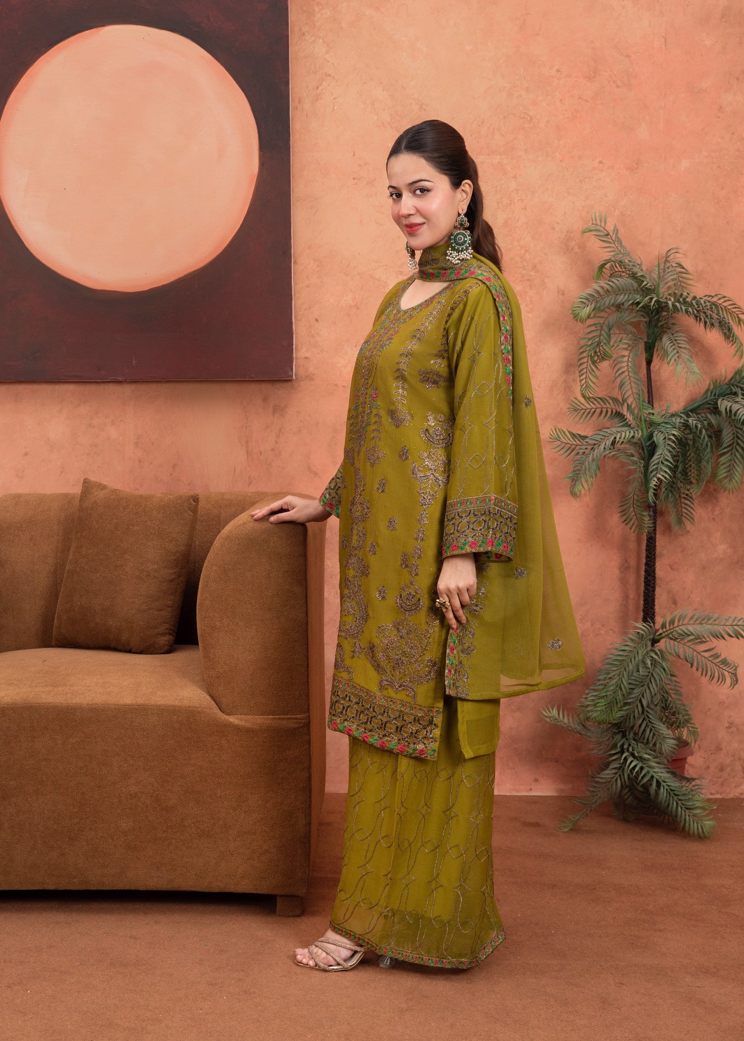 chiffon Kurta Set in Olive green