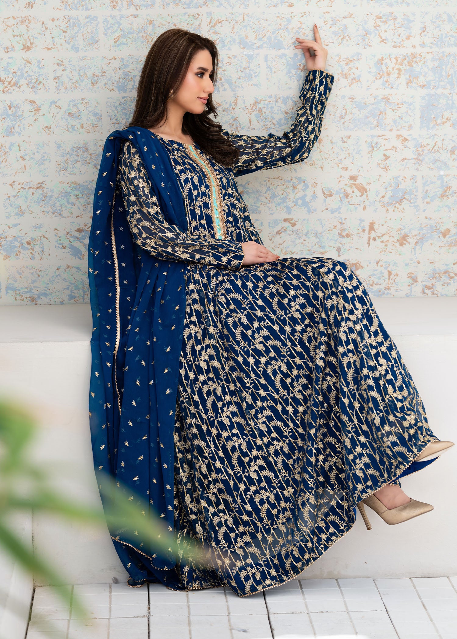 chiffon Anarkali in Teal