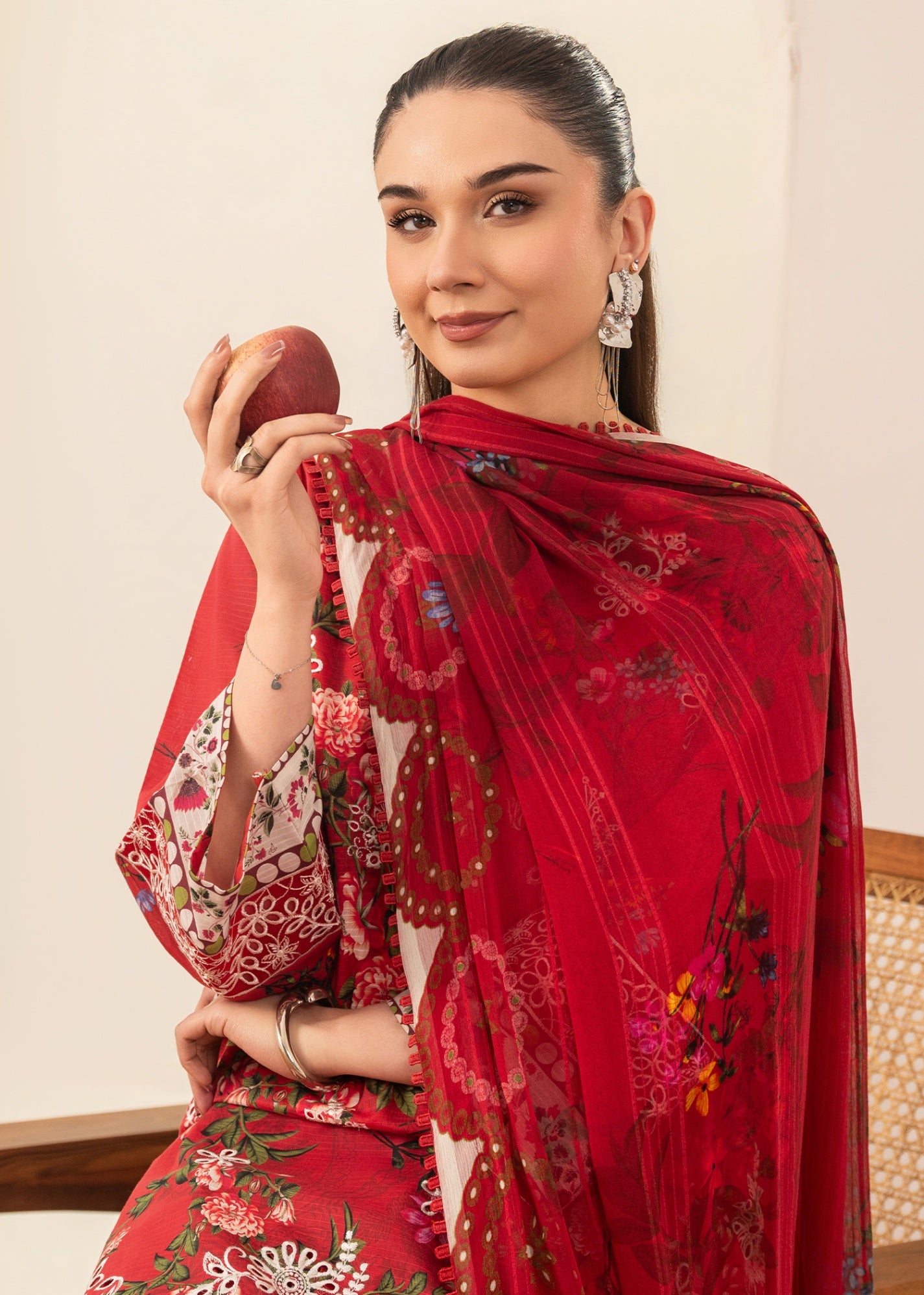 ribbed lawn Kurta Set in Red