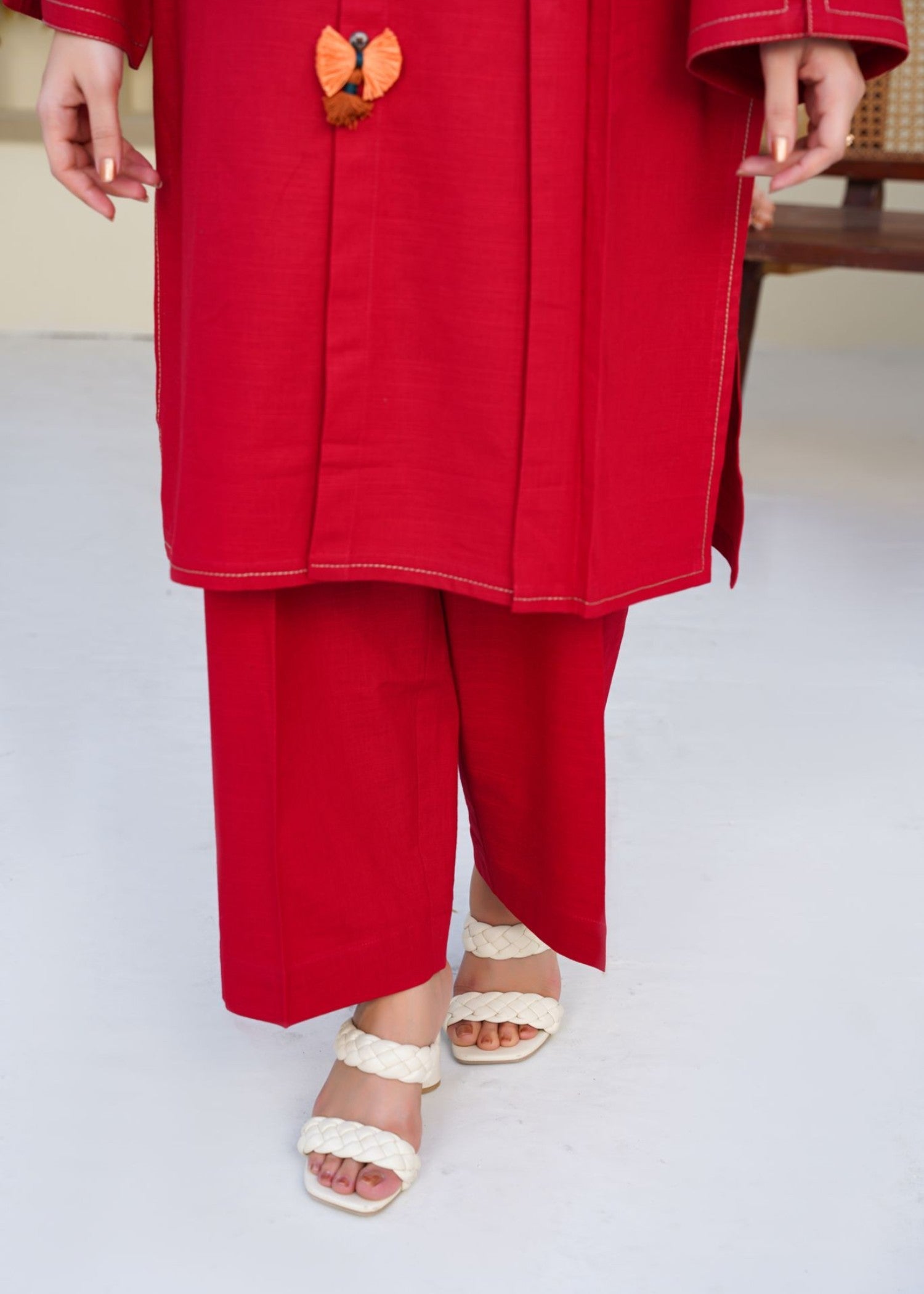 slub khaddar Kurta Set in Crimson