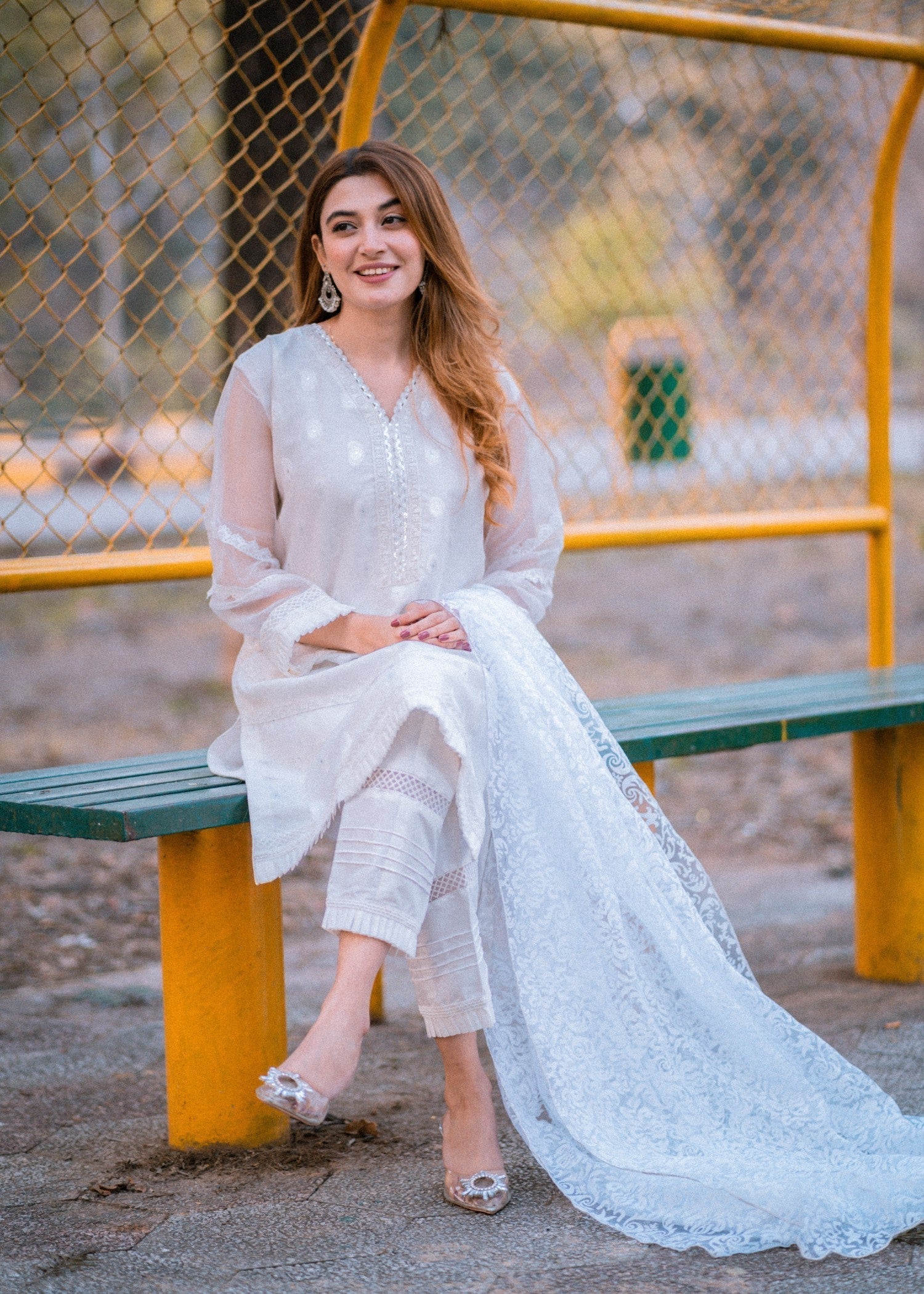 zari organza Kurta Set in White