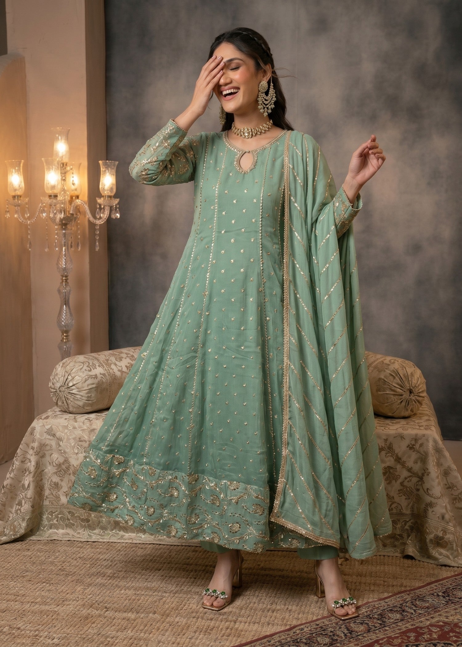 chiffon Anarkali in Mint green