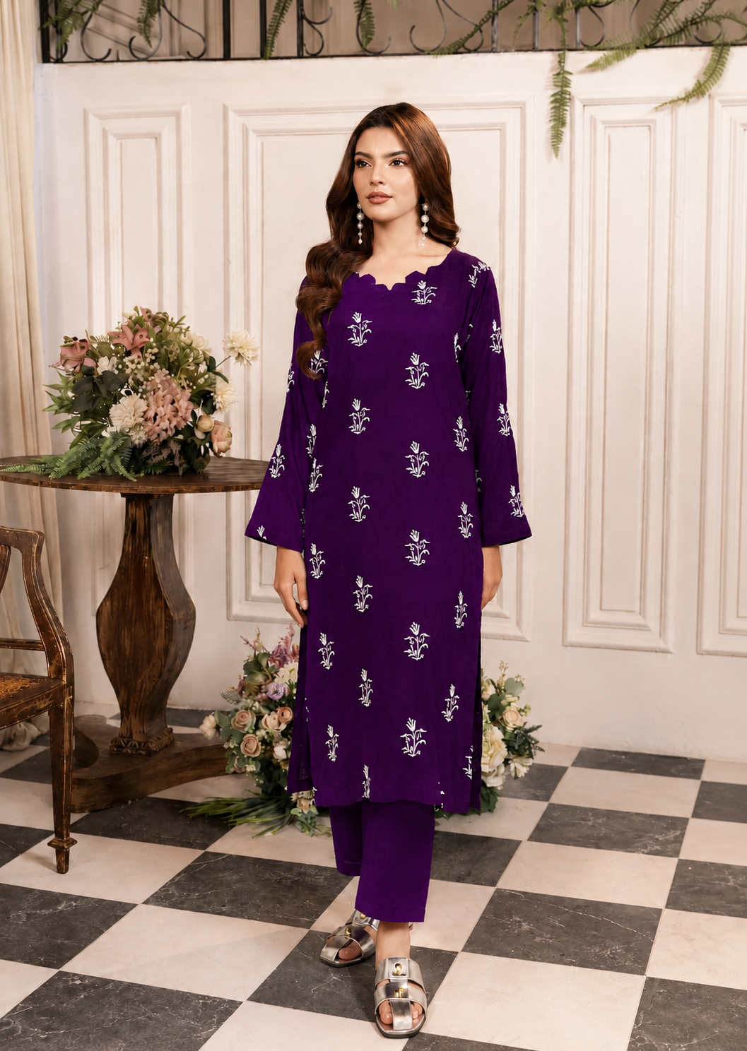 linen Kurta Set in Deep purple