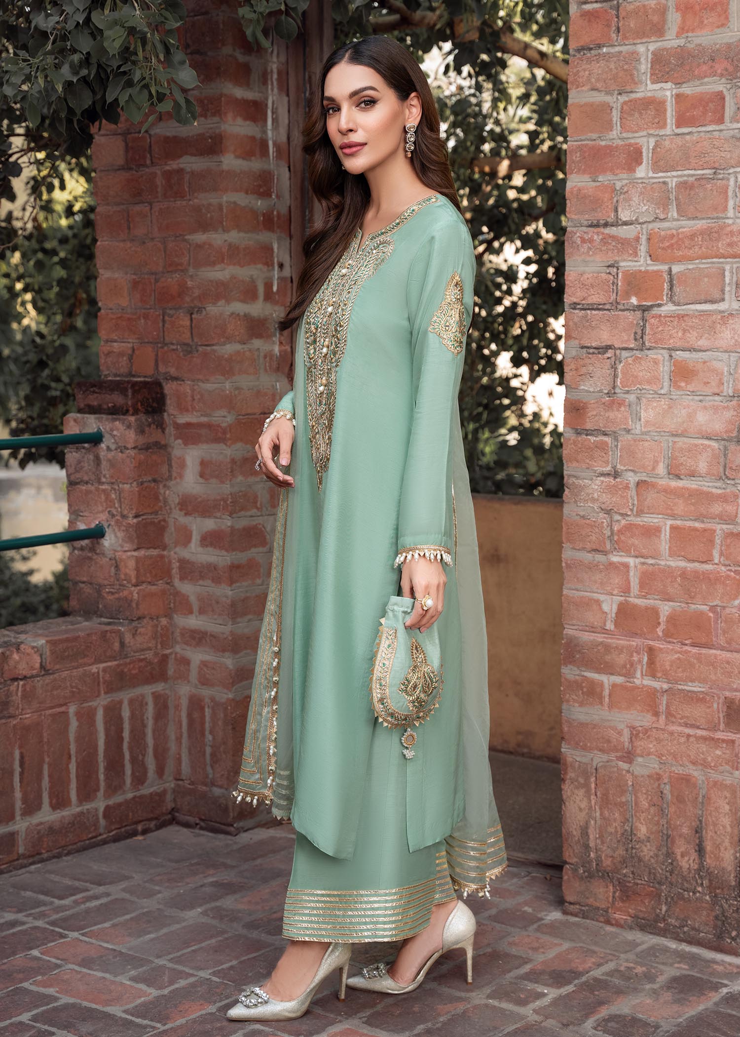 khaddi silk Kurta Set in Mint green