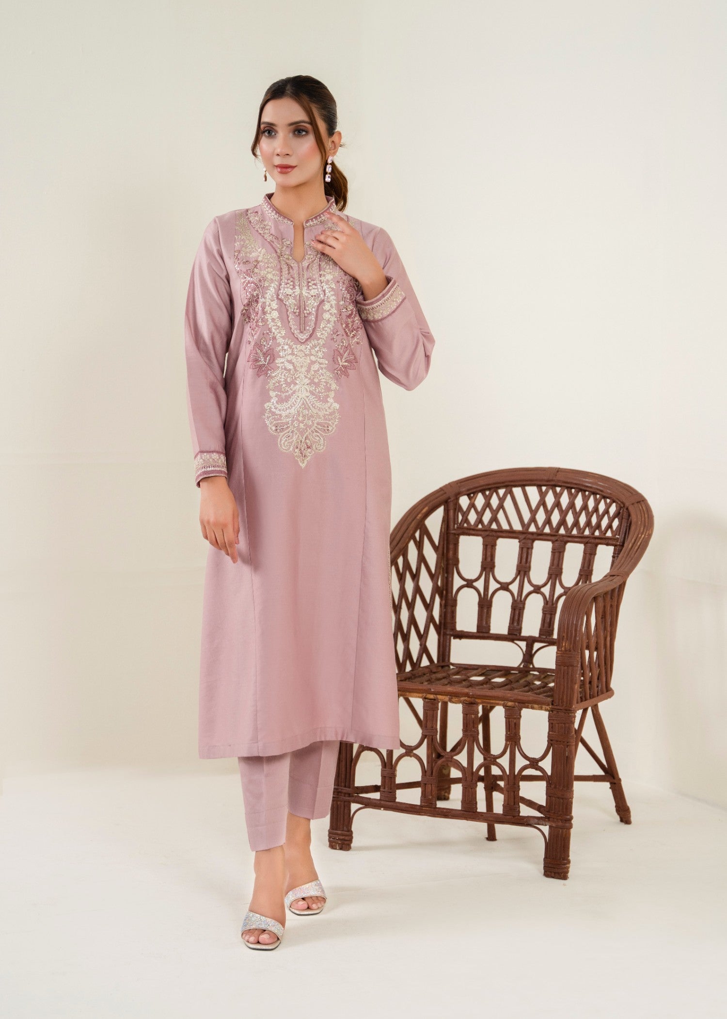 cotton satin Kurta Set in Mauve