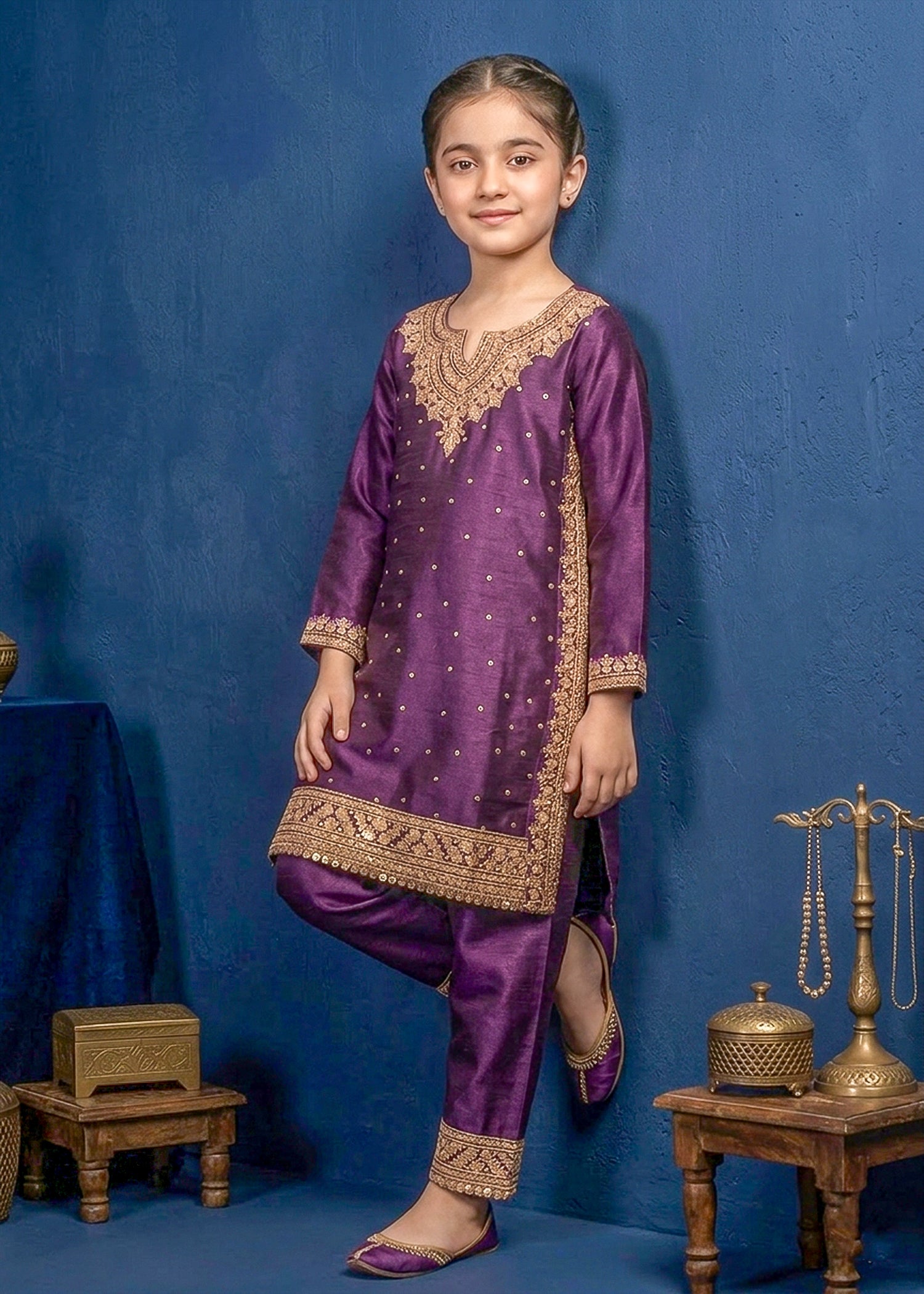 kattan silk Kurta Set in Electric purple