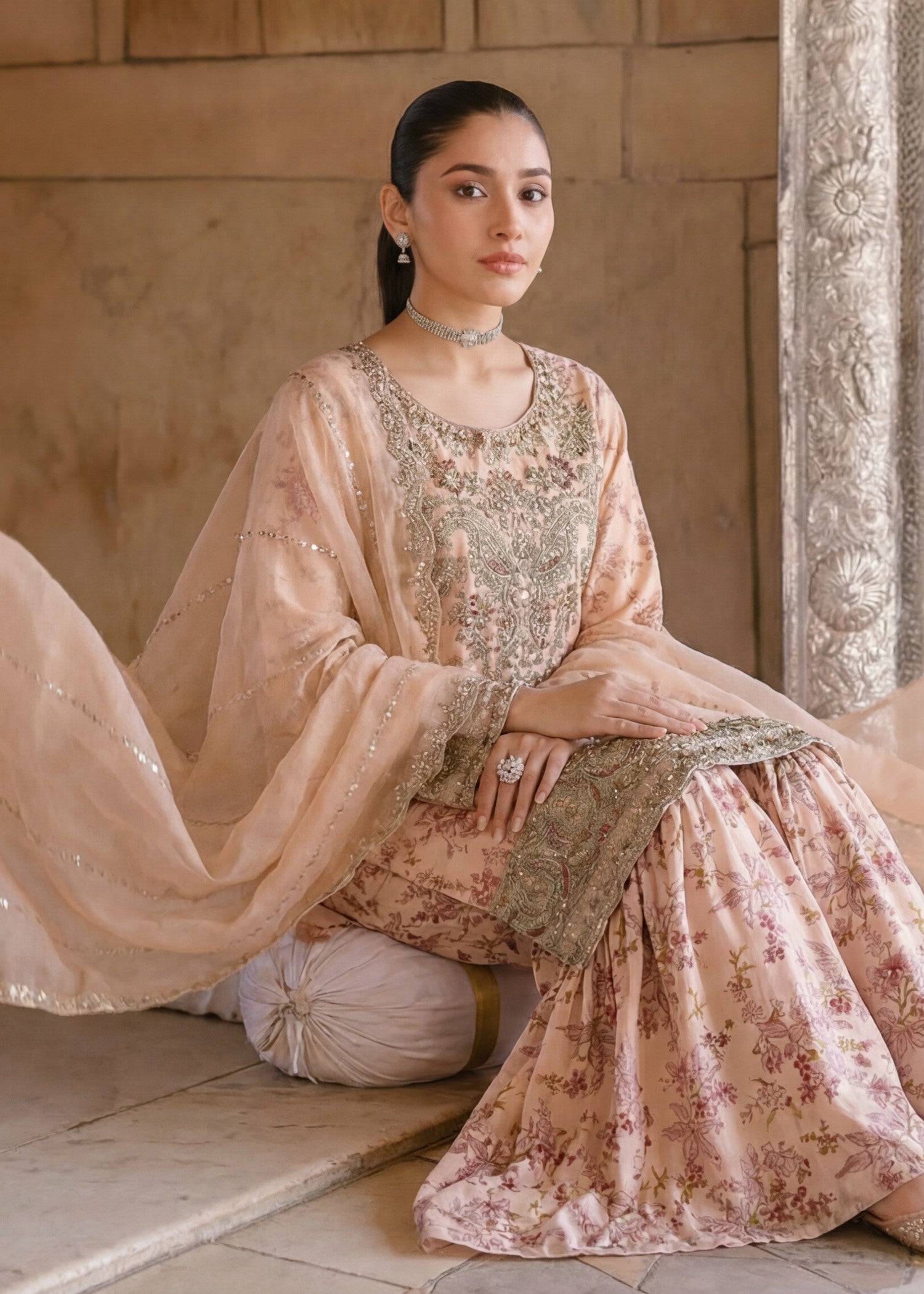 organza Gharara in Peach orange