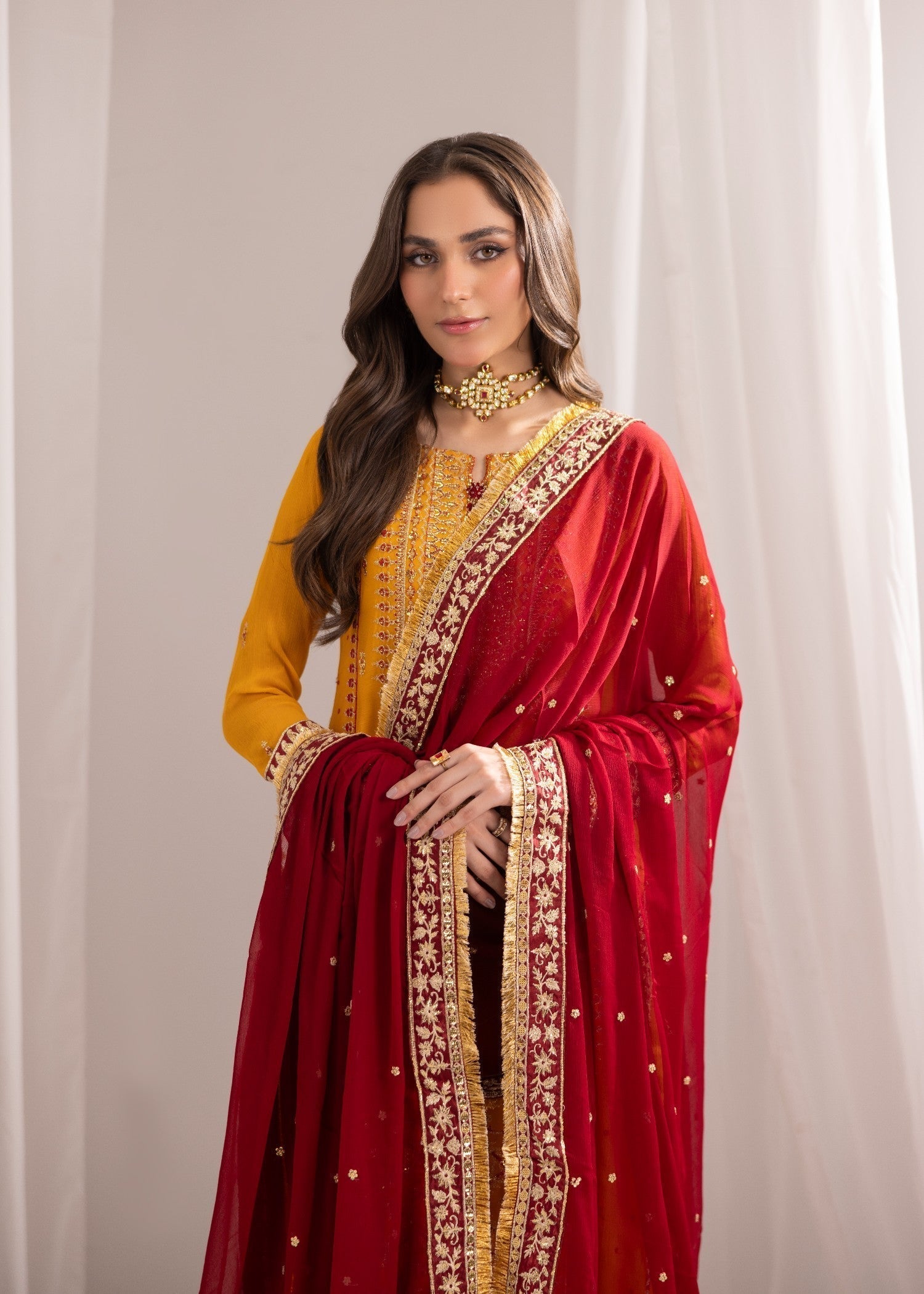 bemberg crinkle chiffon Kurta Set in Mustard, maroon