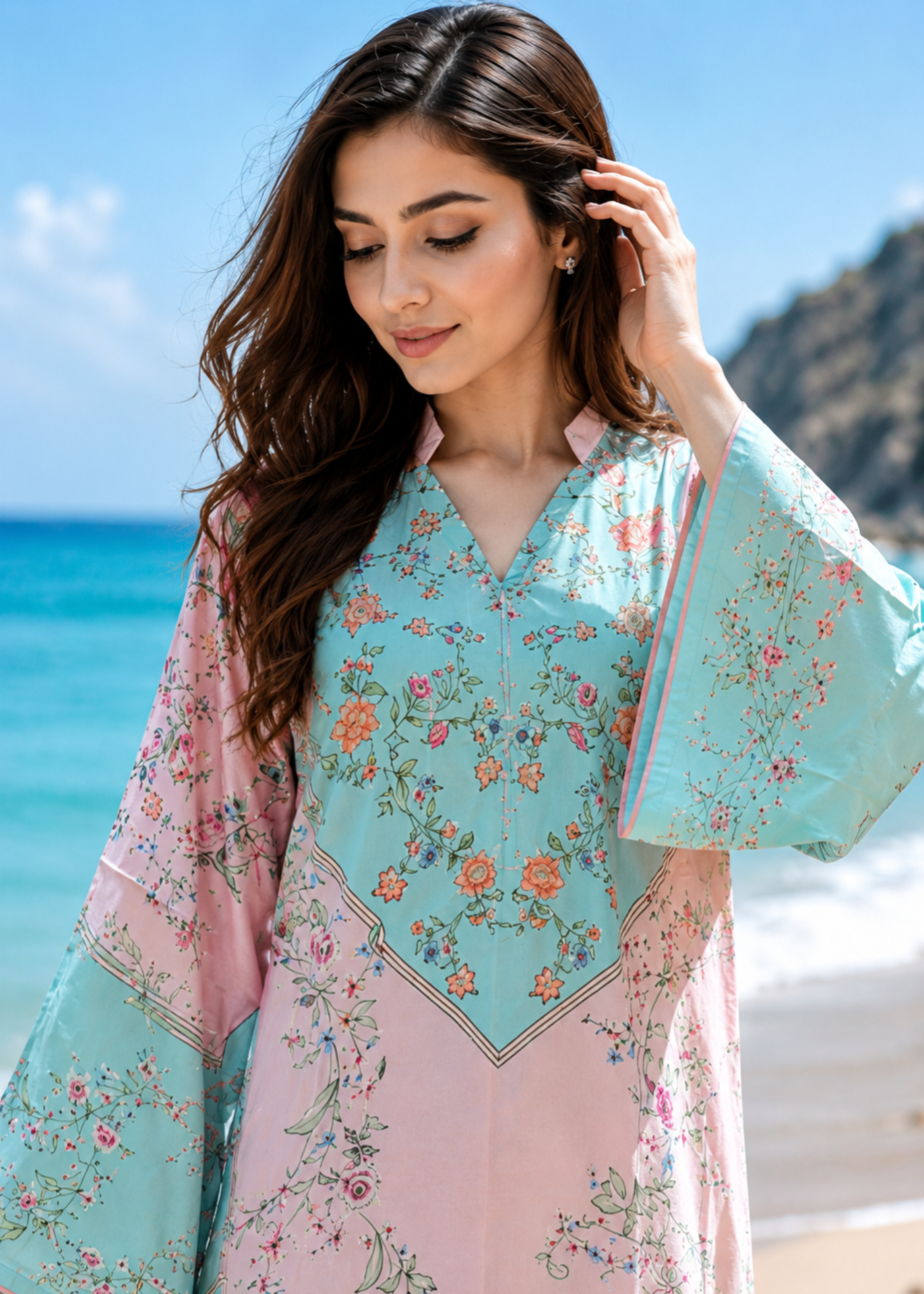 silk charmeuse Kaftan in Baby pink, sky