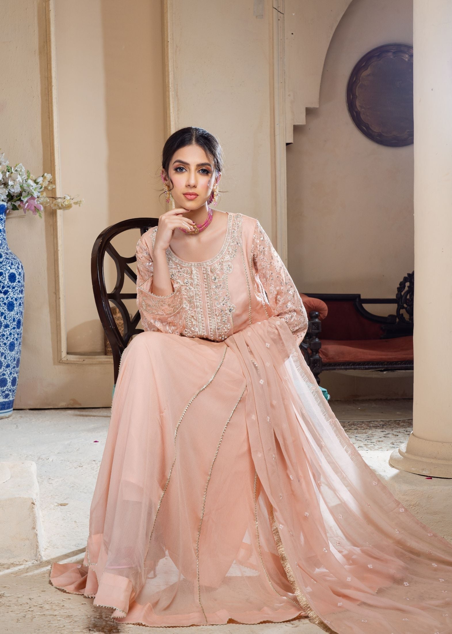 chiffon Anarkali in Peach pink