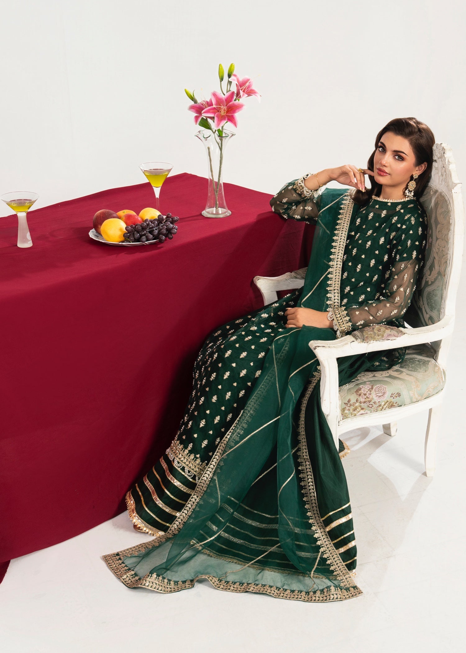 kattan silk Pishwas in Dark green