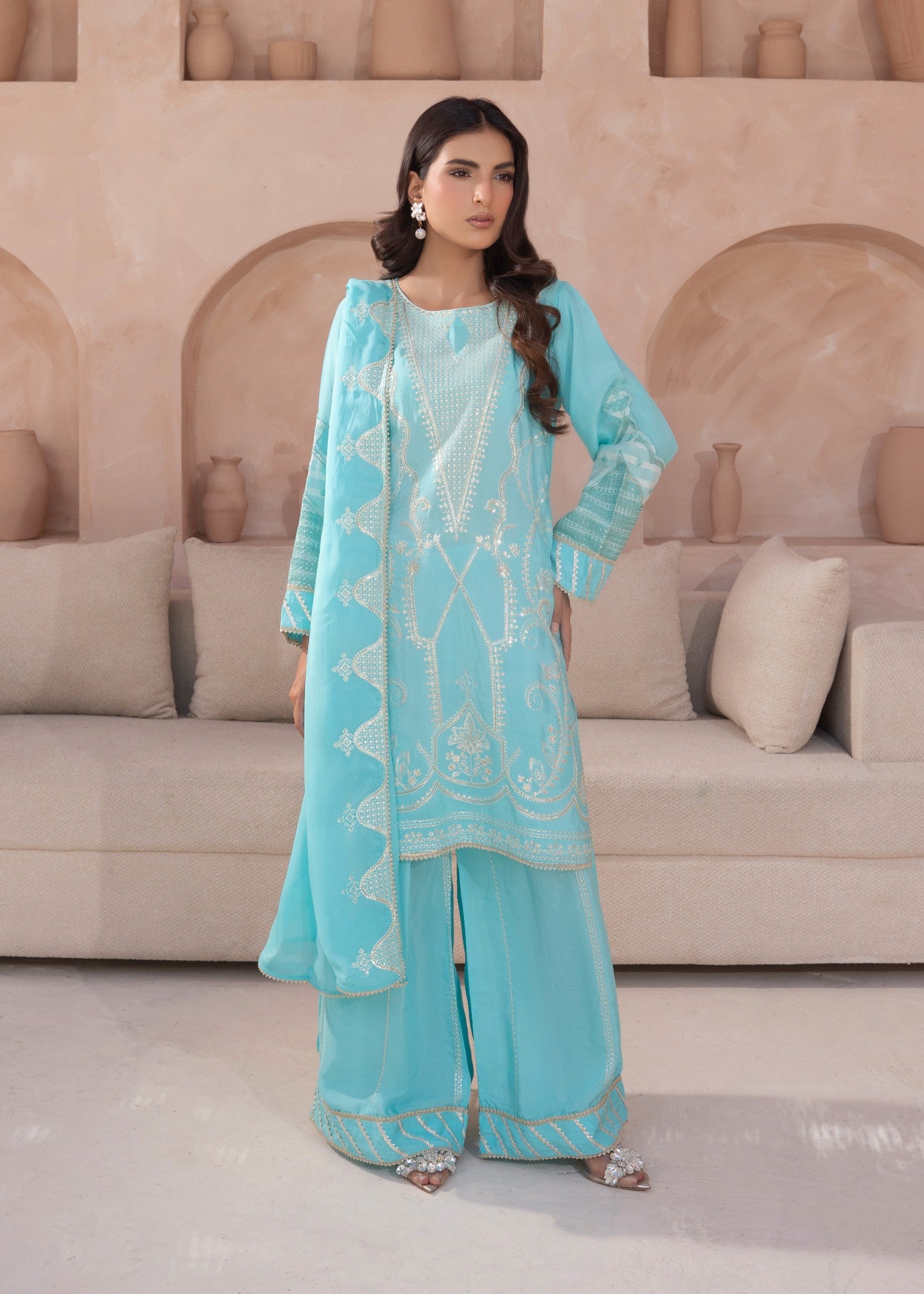 silk grip Kurta Set in Sky