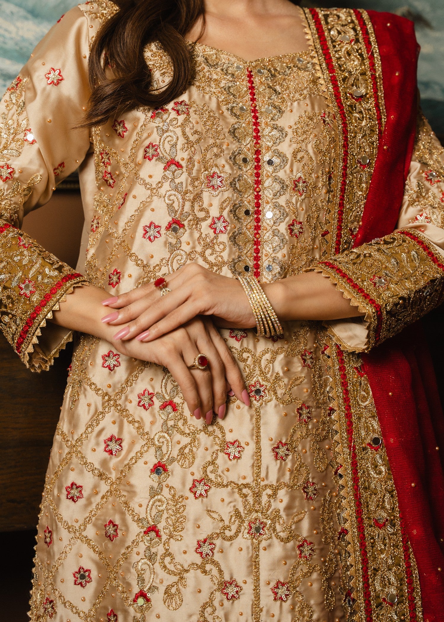 silk charmeuse Kurta Set in Crimson, flax