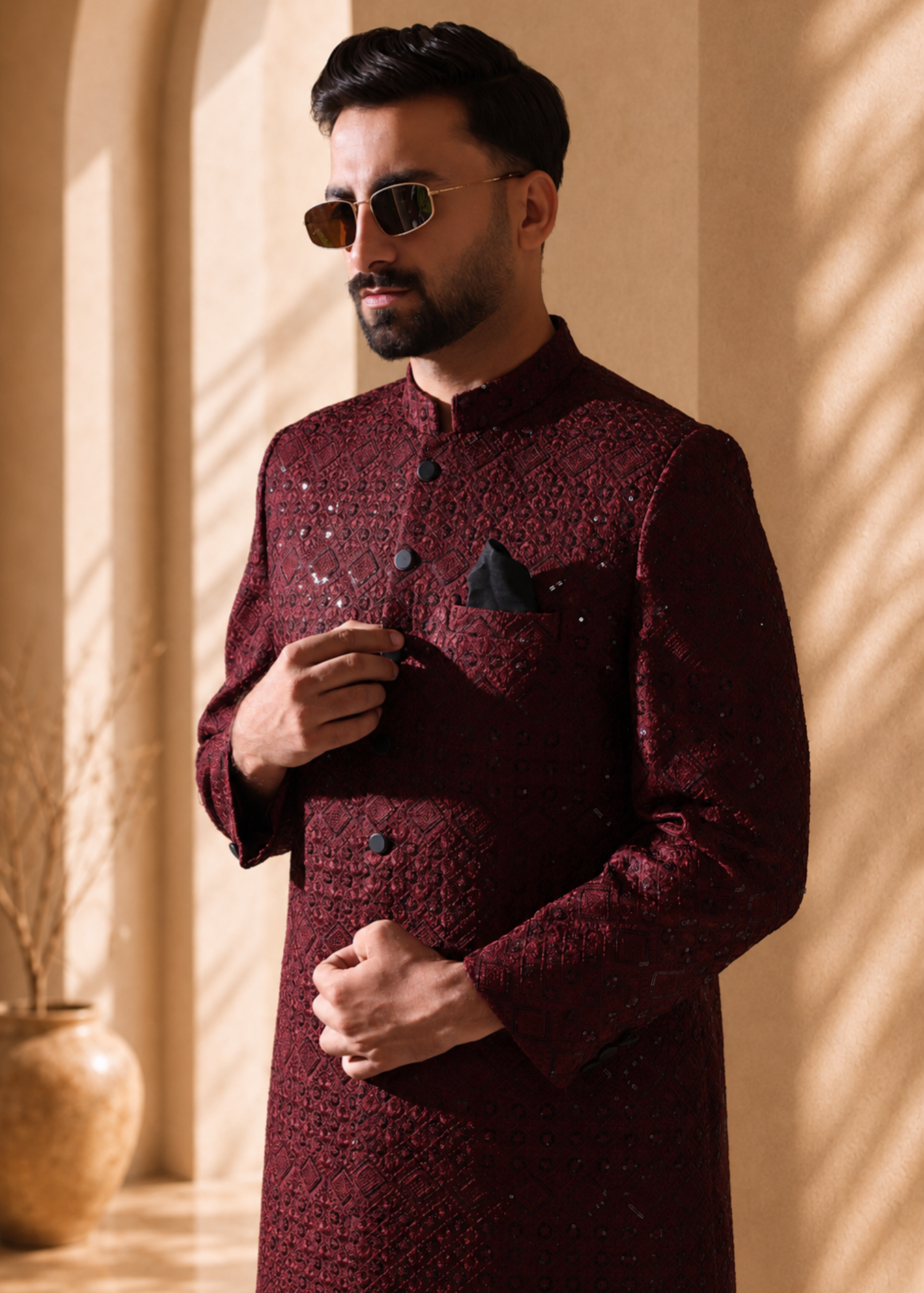 jamawar Sherwani in Maroon by The Great Masters (TGM)