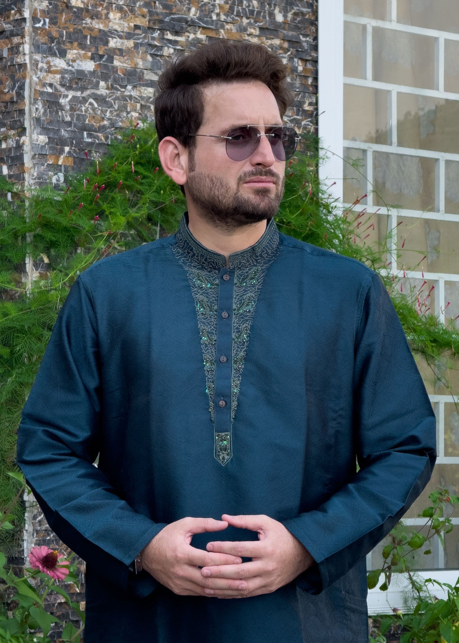 traditional jamawar Kurta in Pine green