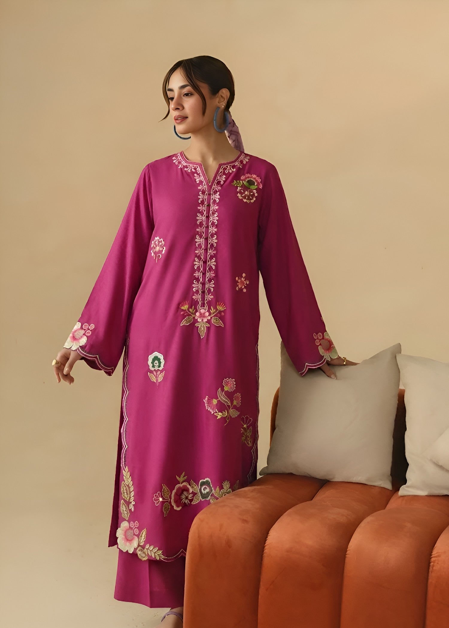 linen Kurta Set in Red violet