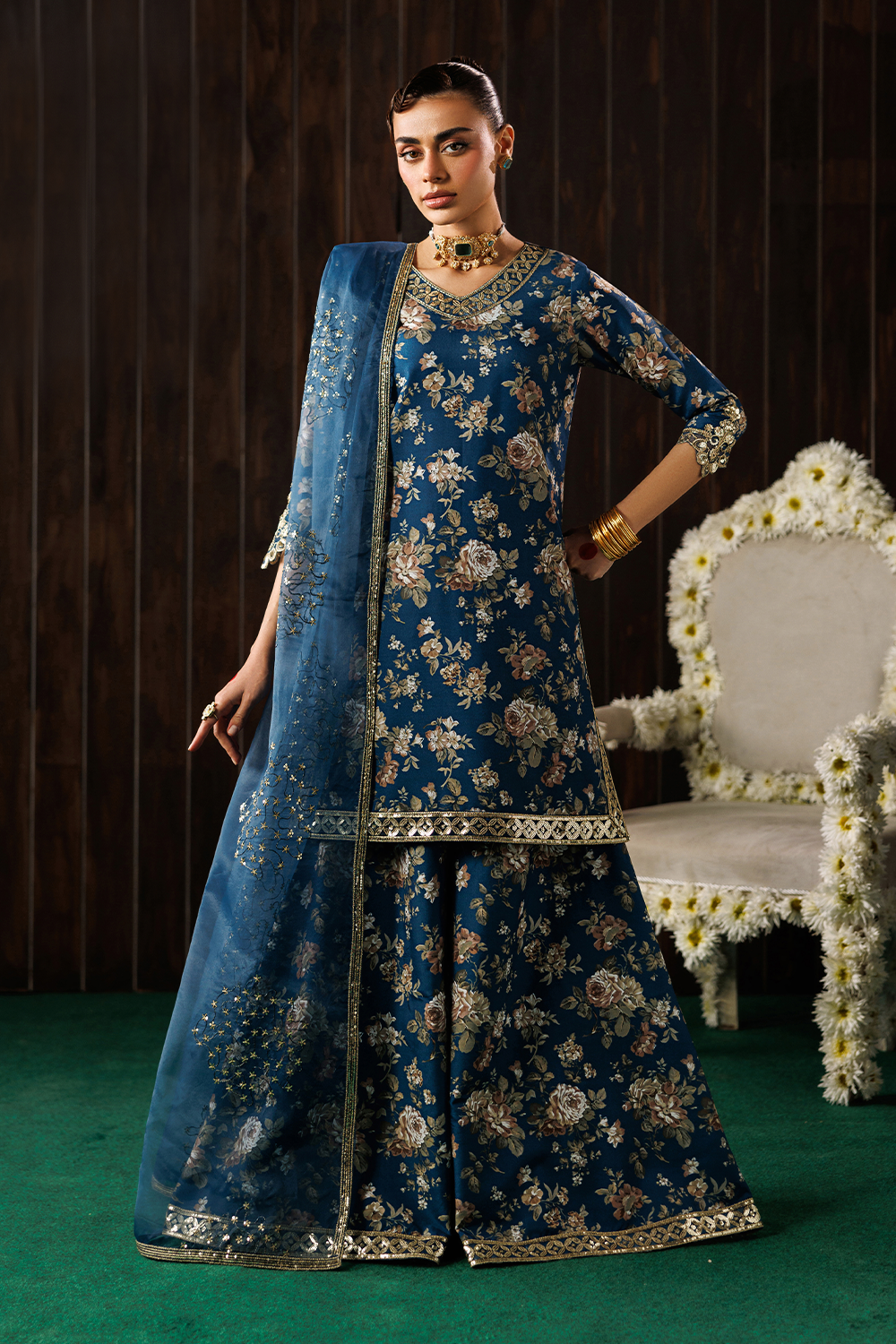 zari organza Sharara in Teal