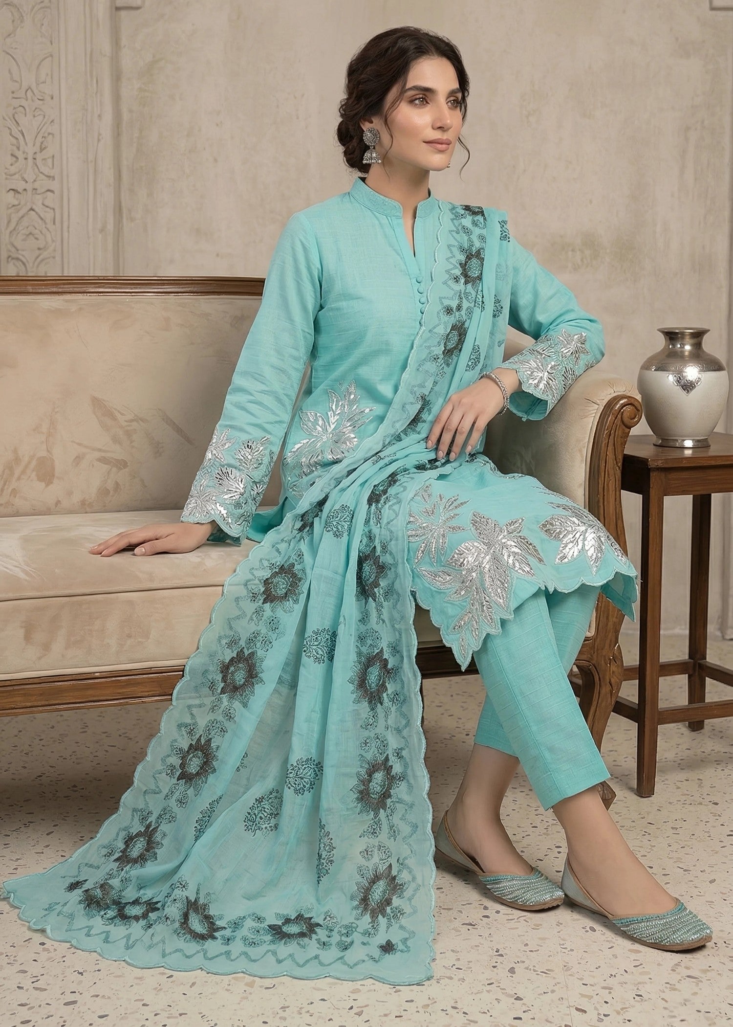 cambric cotton Kurta Set in Aquamarine