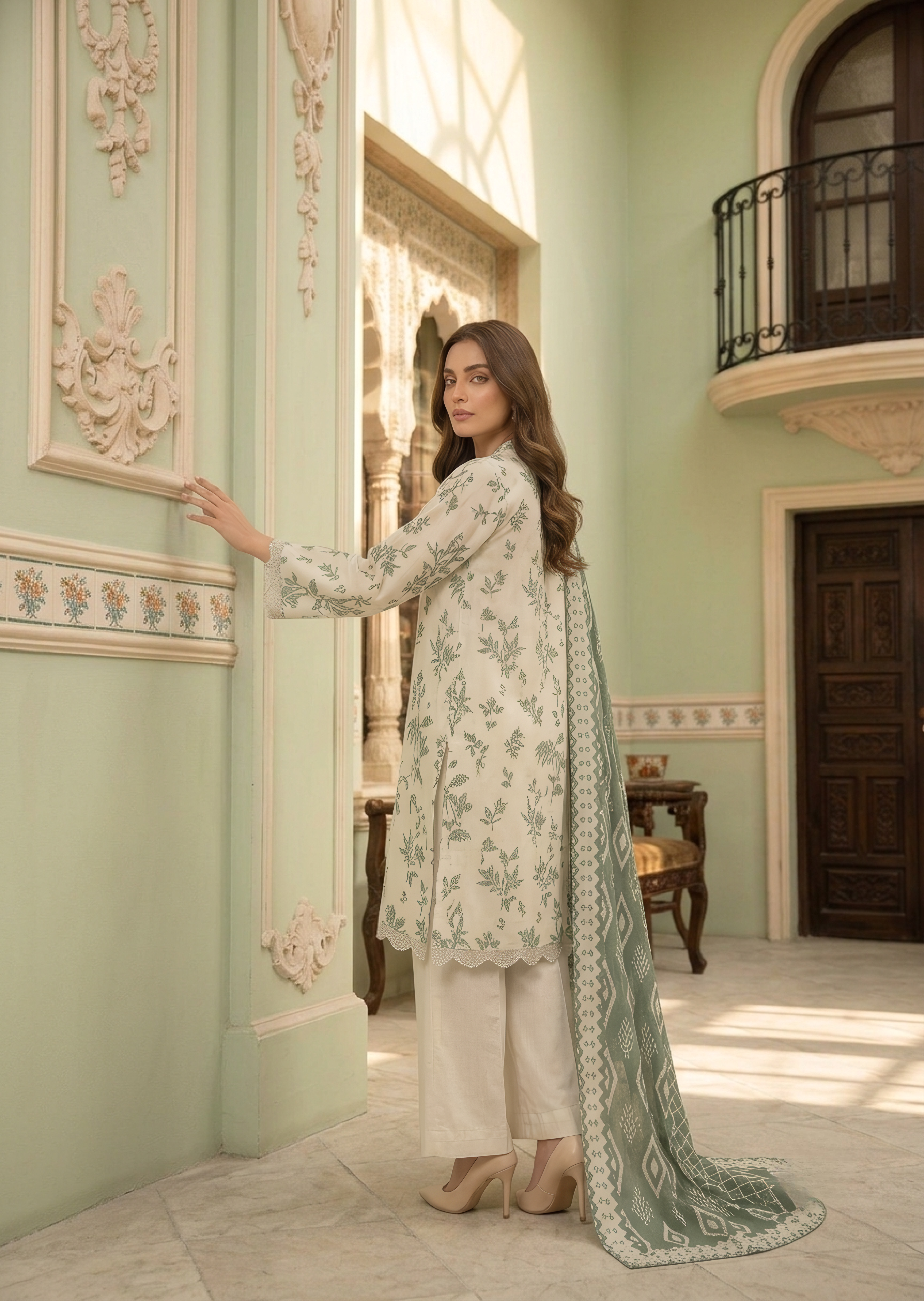 lawn Kurta Set in Pistachio green, off-white