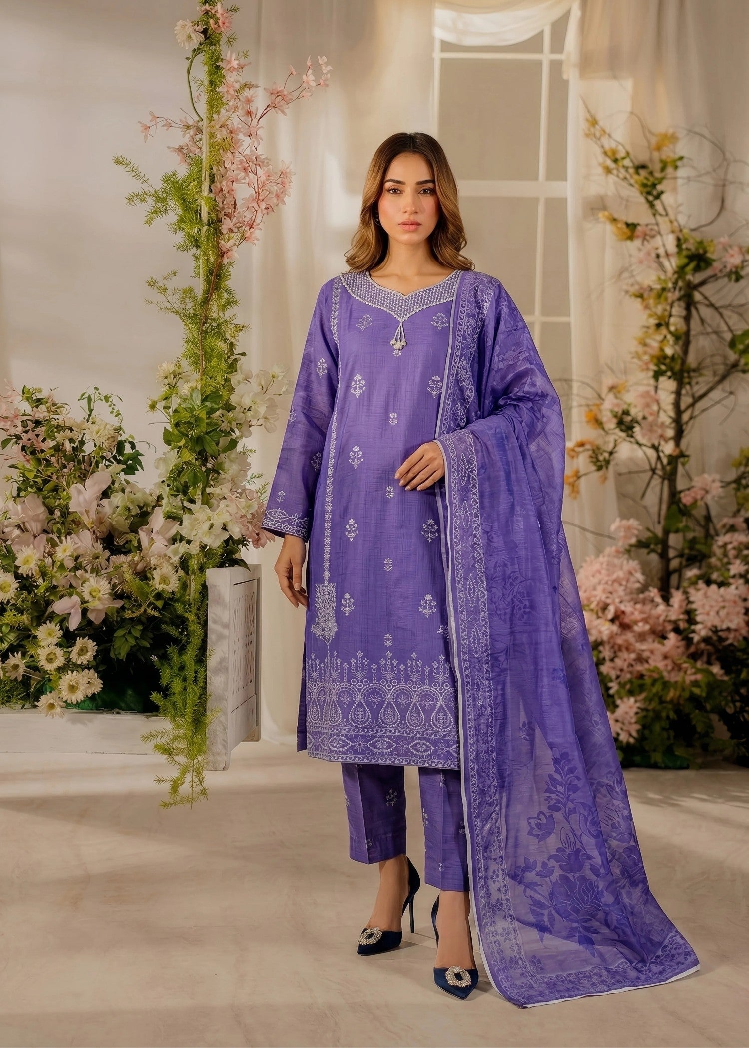 cambric cotton Kurta Set in Violet