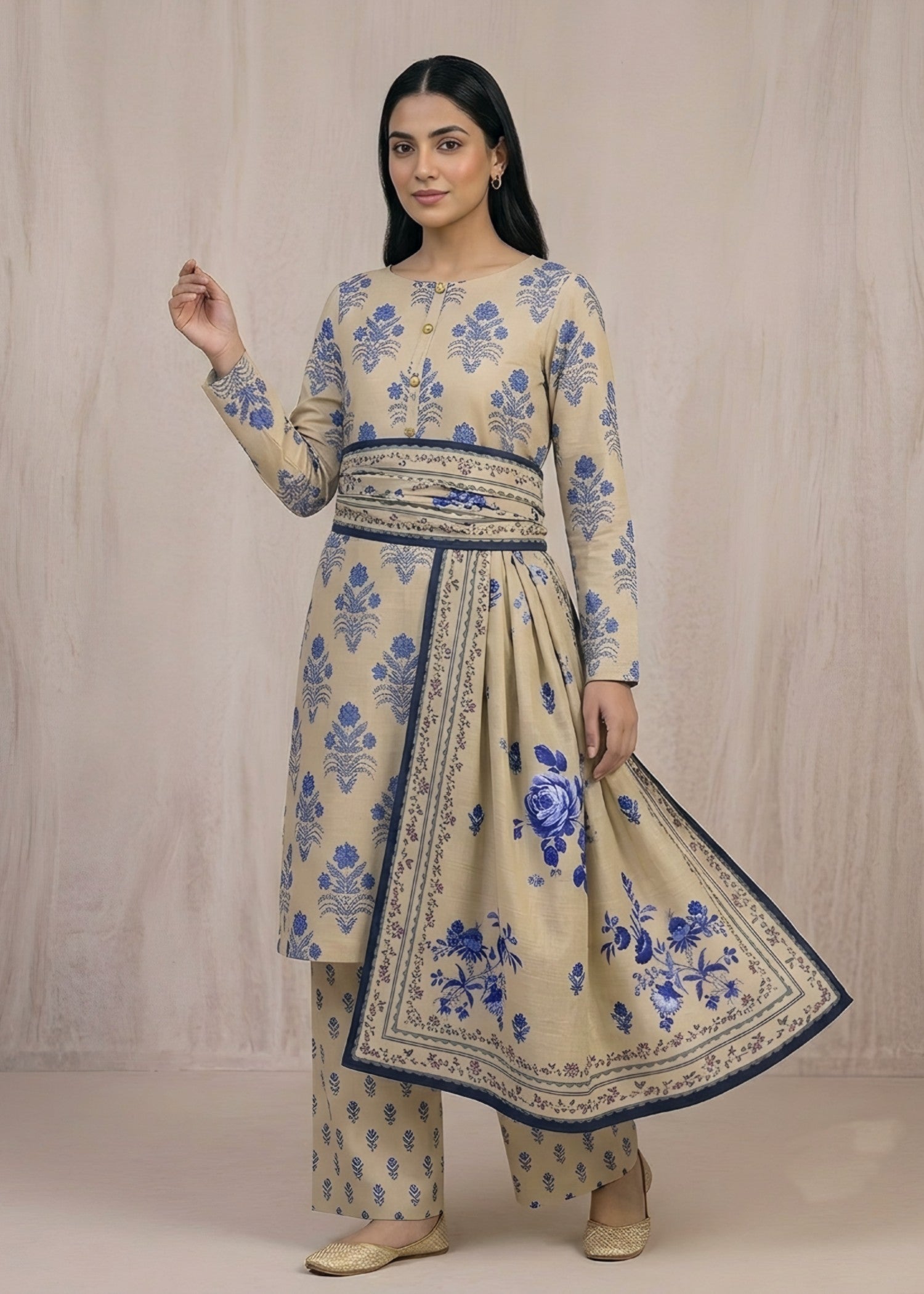 slub linen Unstitched in Cream, royal blue