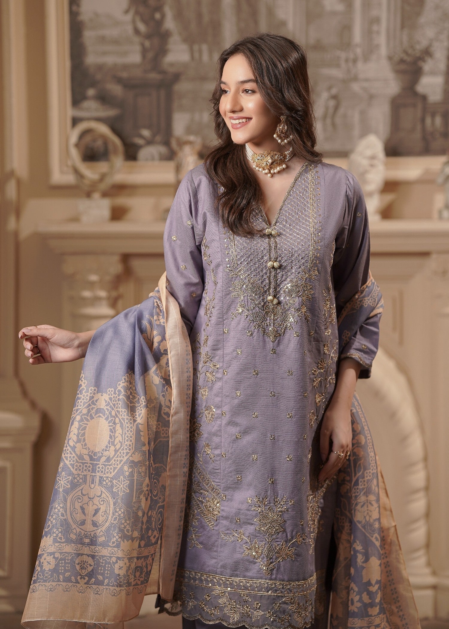 khaddi net Kurta Set in Mauve
