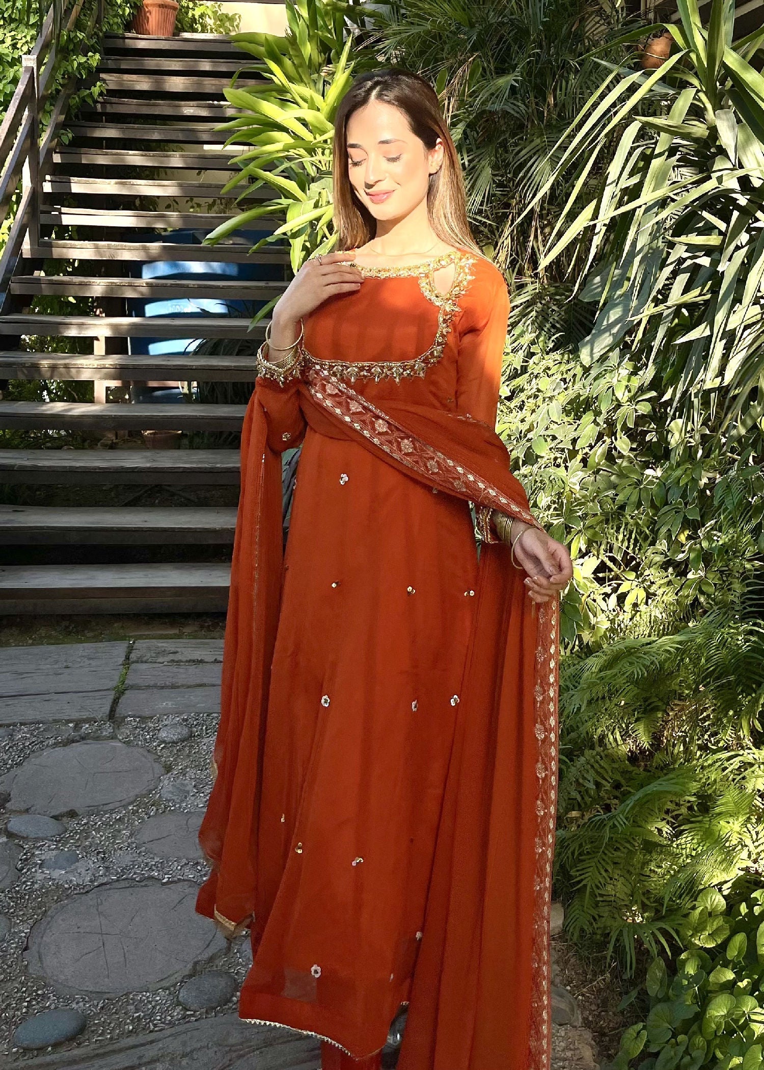 polyester chiffon Maxi in Rust orange