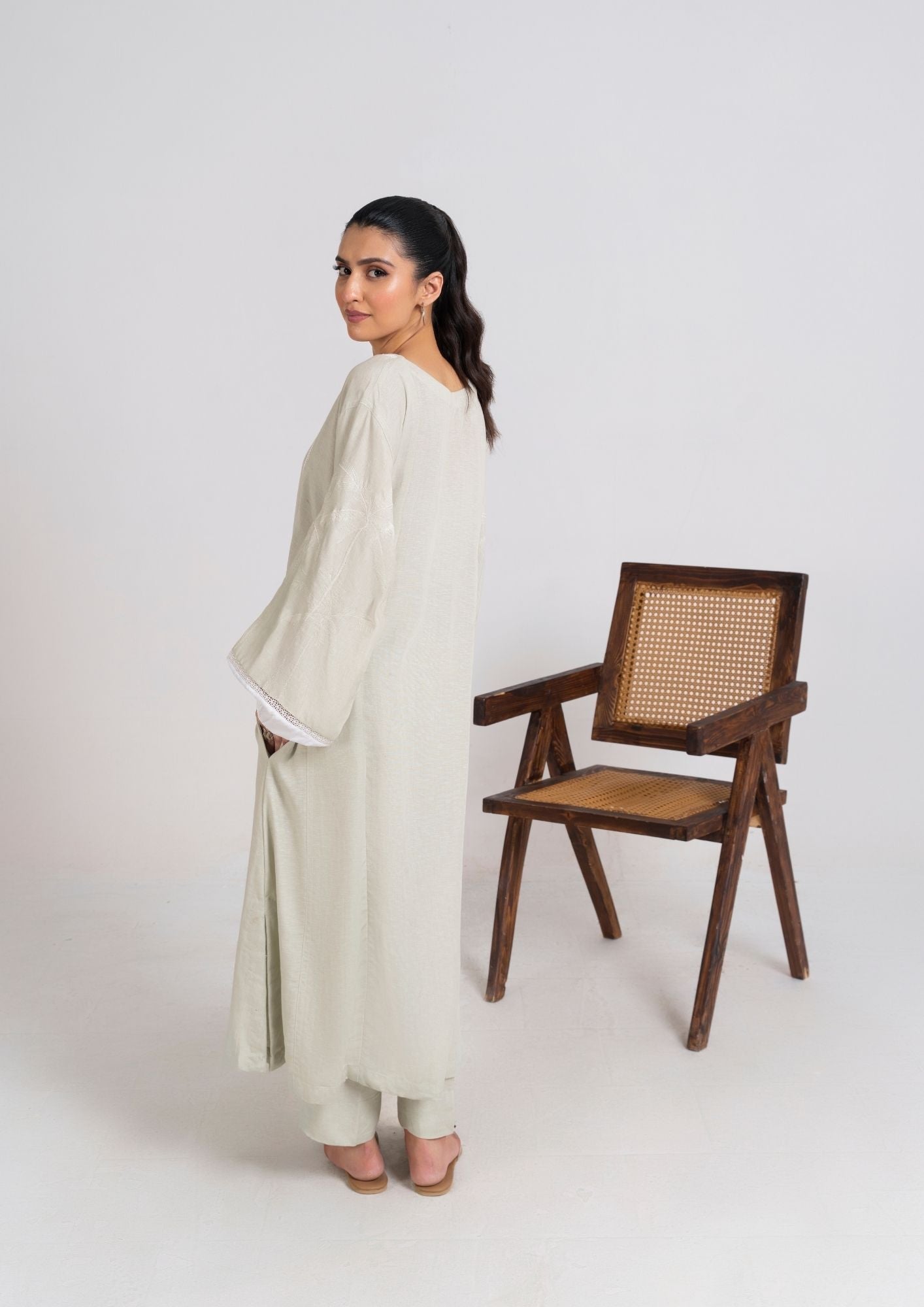 silk karandi Kurta Set in Sage green