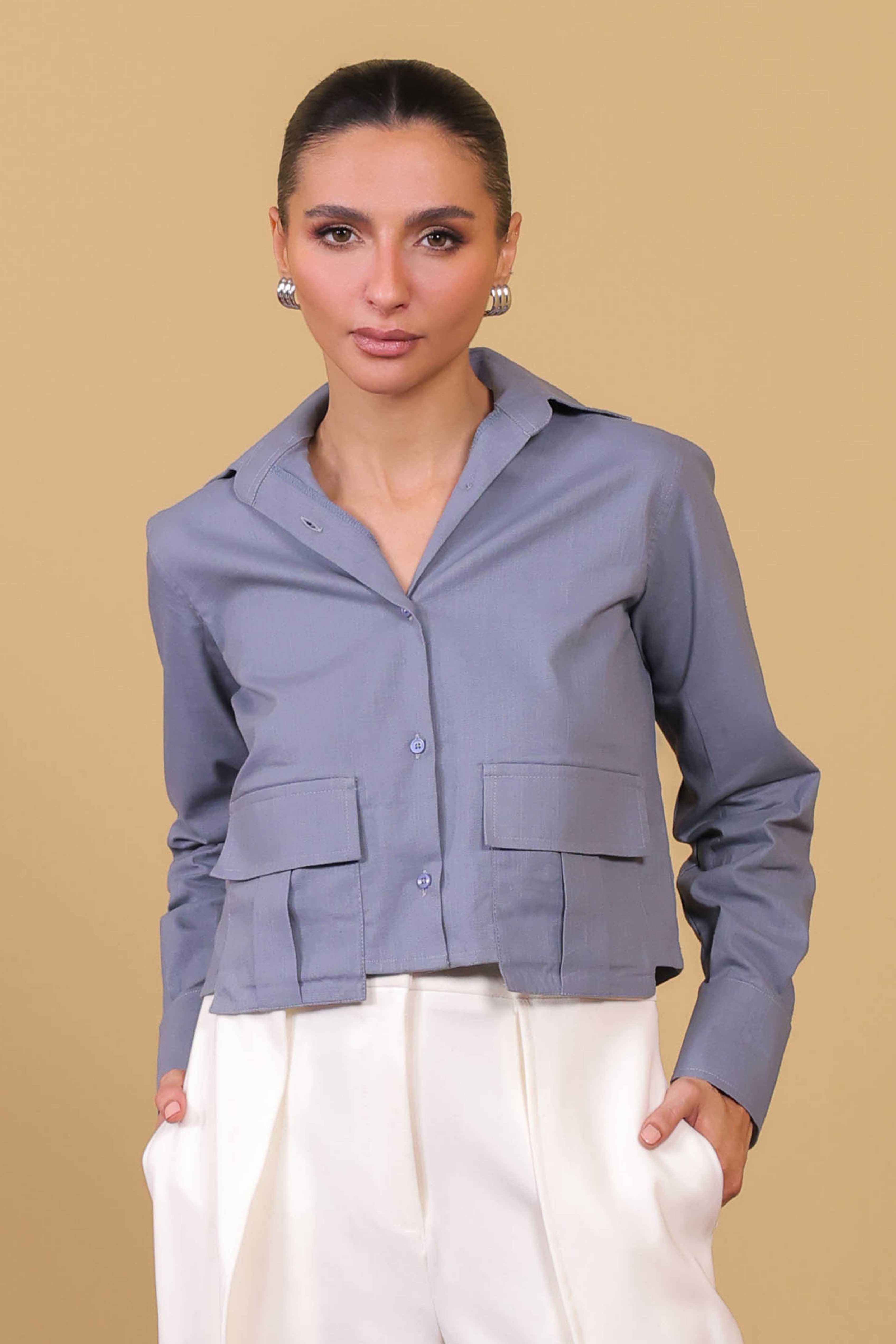 satin polyester Top in Steel blue