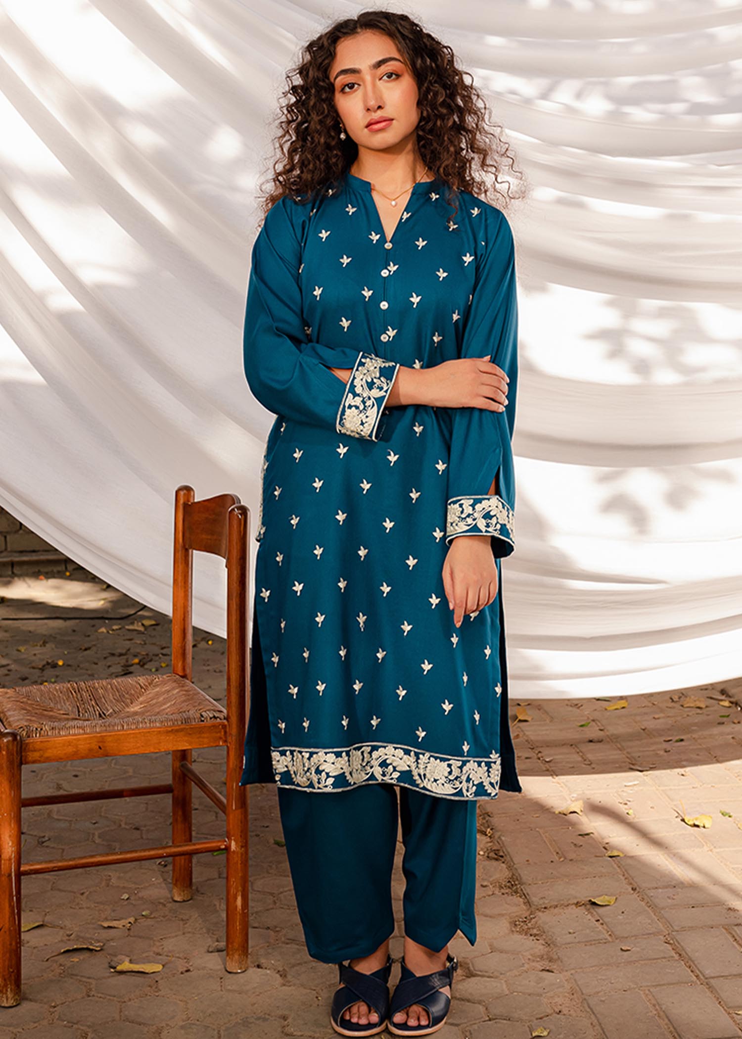 linen Kurta Set in Azure