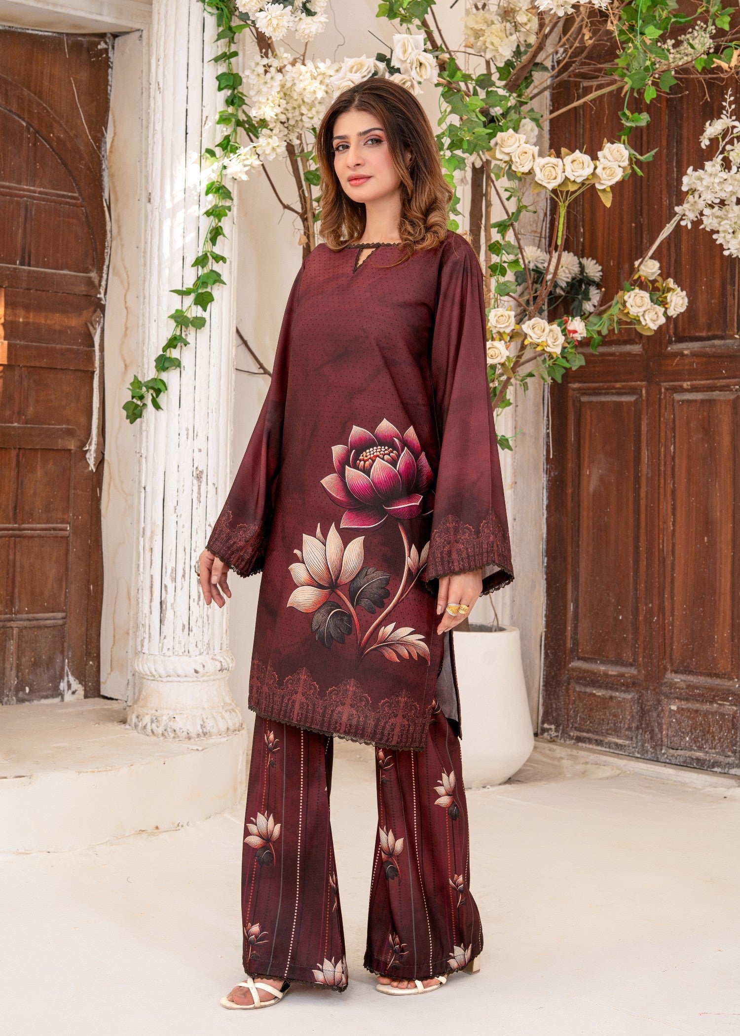 swiss lawn Kurta Set in Chocolate brown