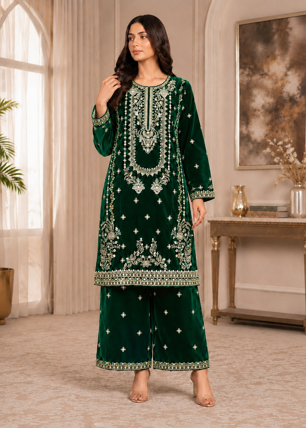chinese micro velvet 9000 Kurta Set in Dark green