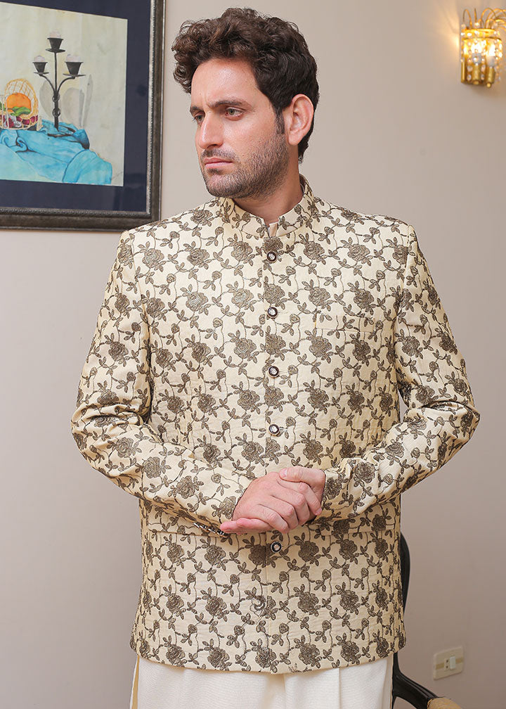 banarsi silk Prince Coat in Cream