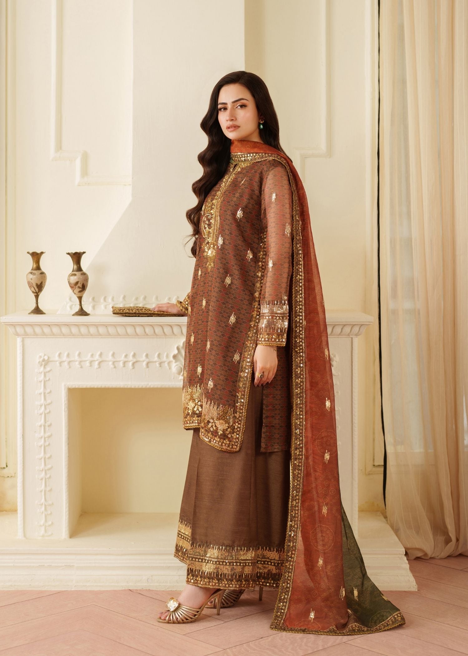 net Kurta Set in Brown