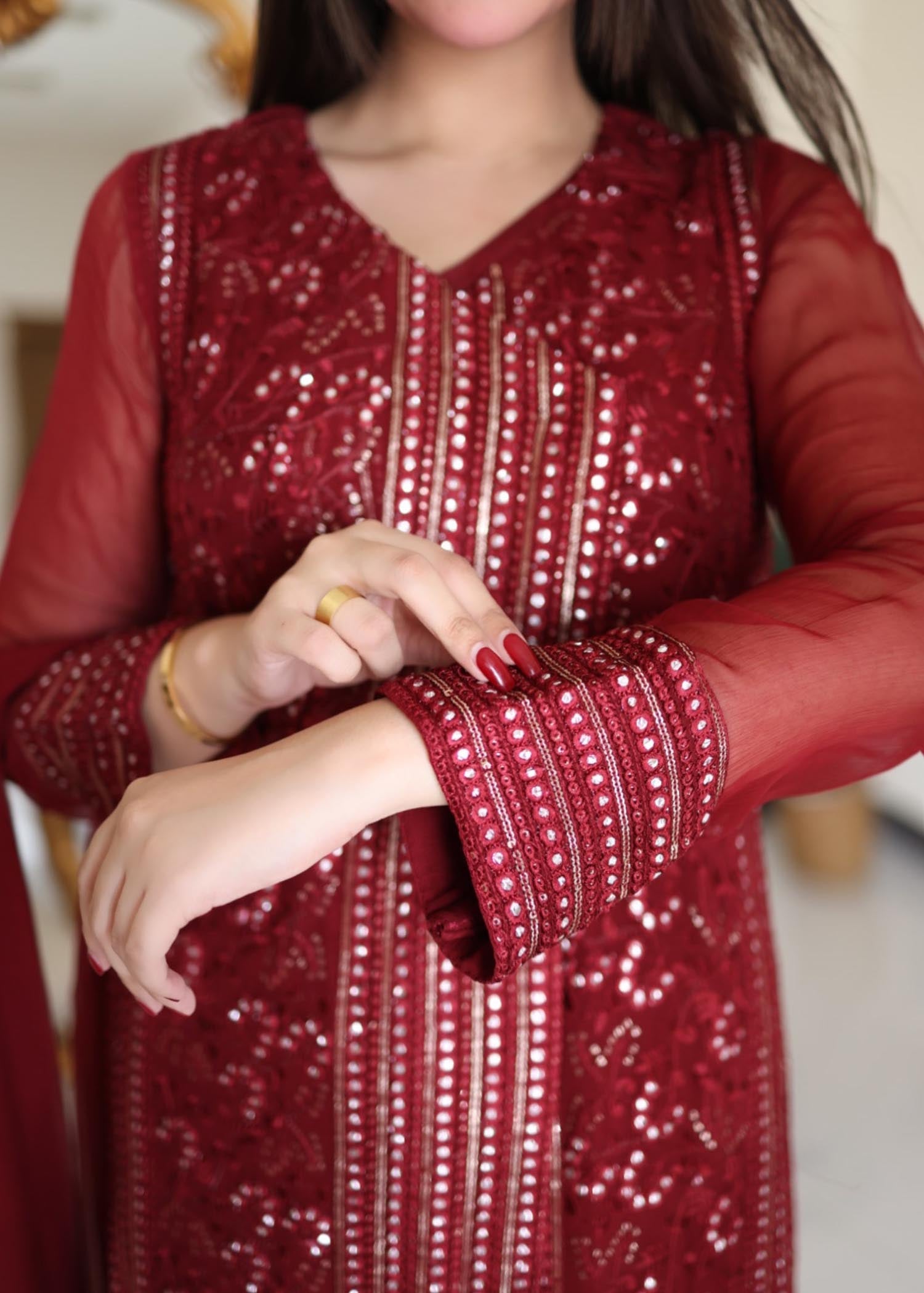 chikankari cotton Angrakha in Maroon