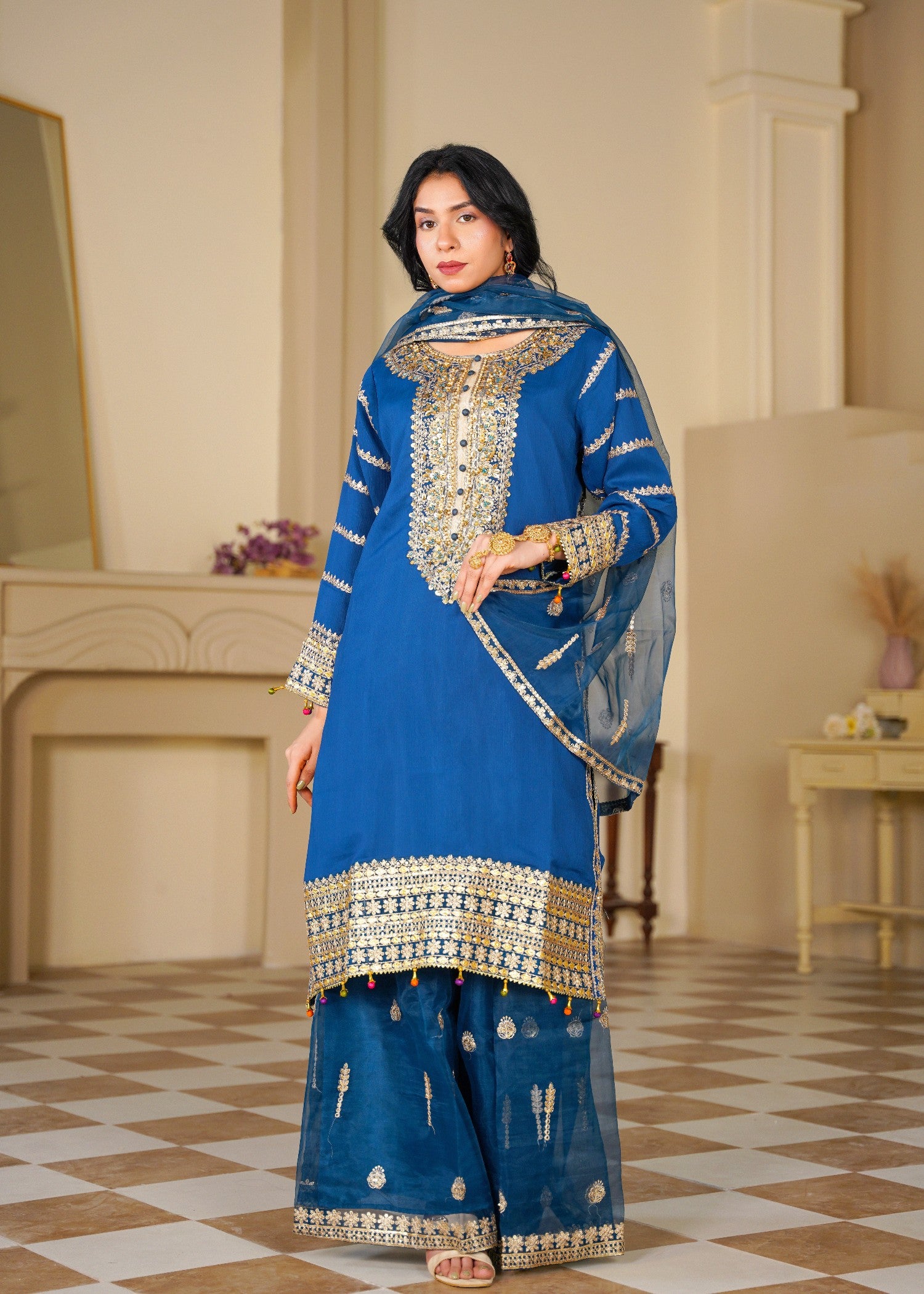 chiffon Kurta Set in Royal blue, gold