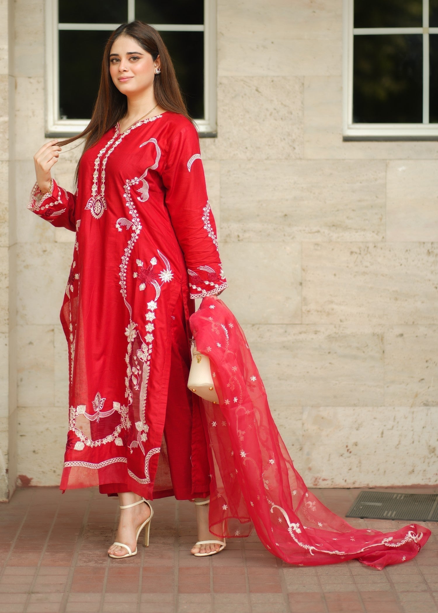 linen Kurta Set in Red