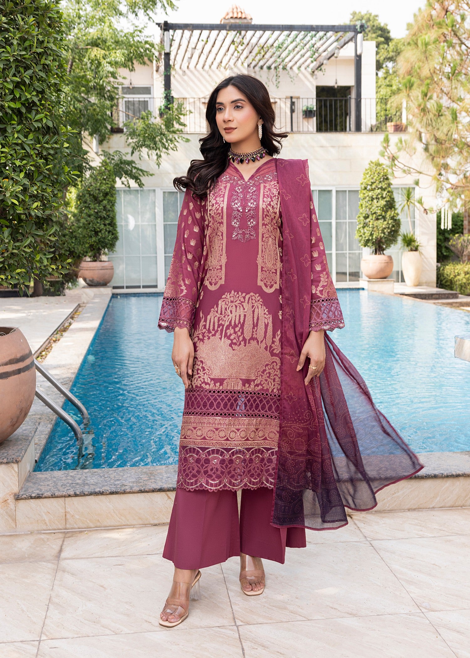jacquard Kurta Set in Mulberry