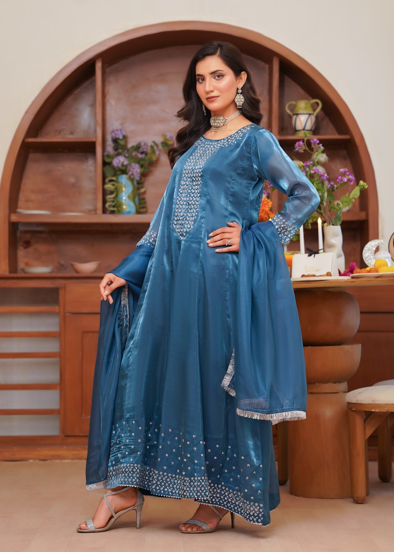 silk tissue Pishwas in Royal blue