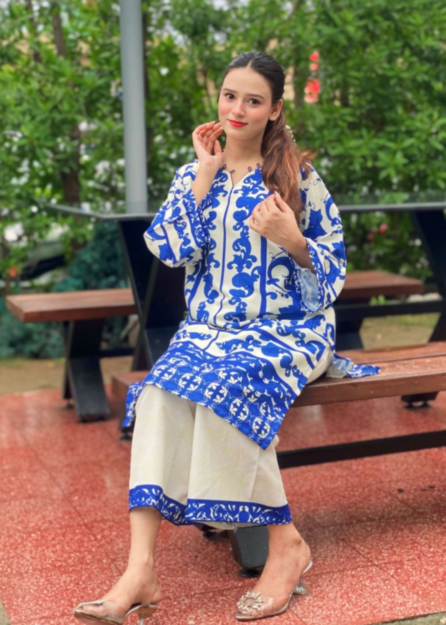 poly lawn Kurta Set in Off-white, blue