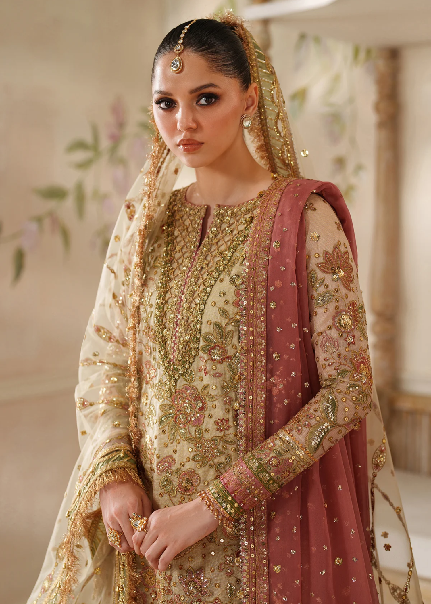 zari net Unstitched in Beige
