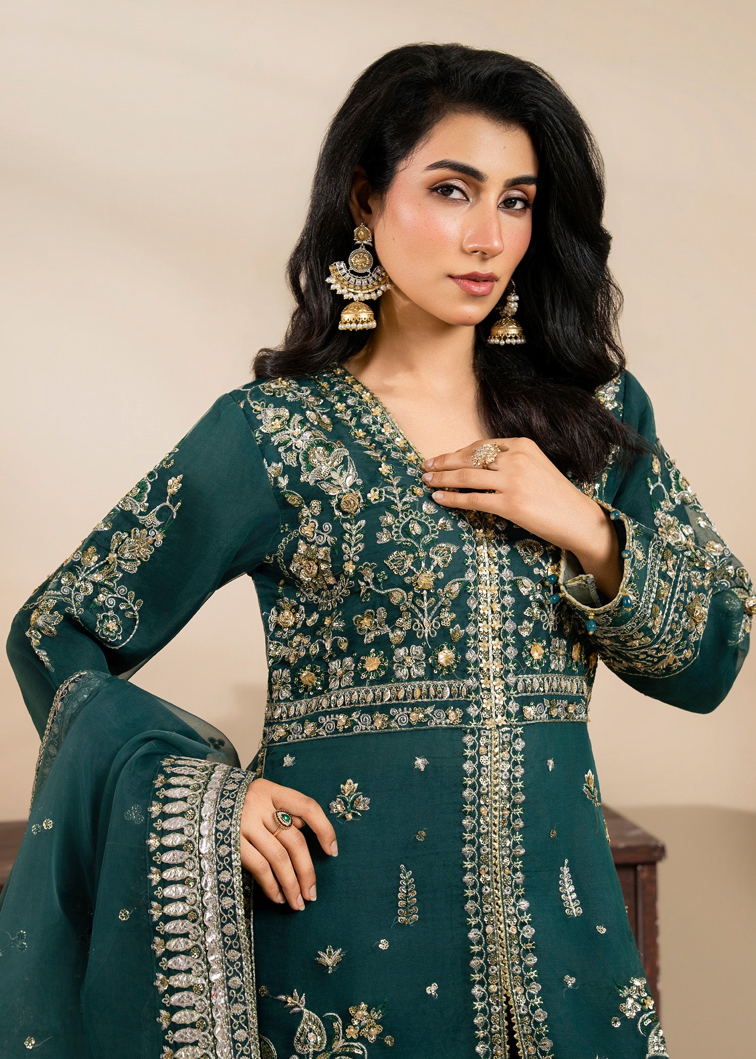 net Kurta Set in Pine green