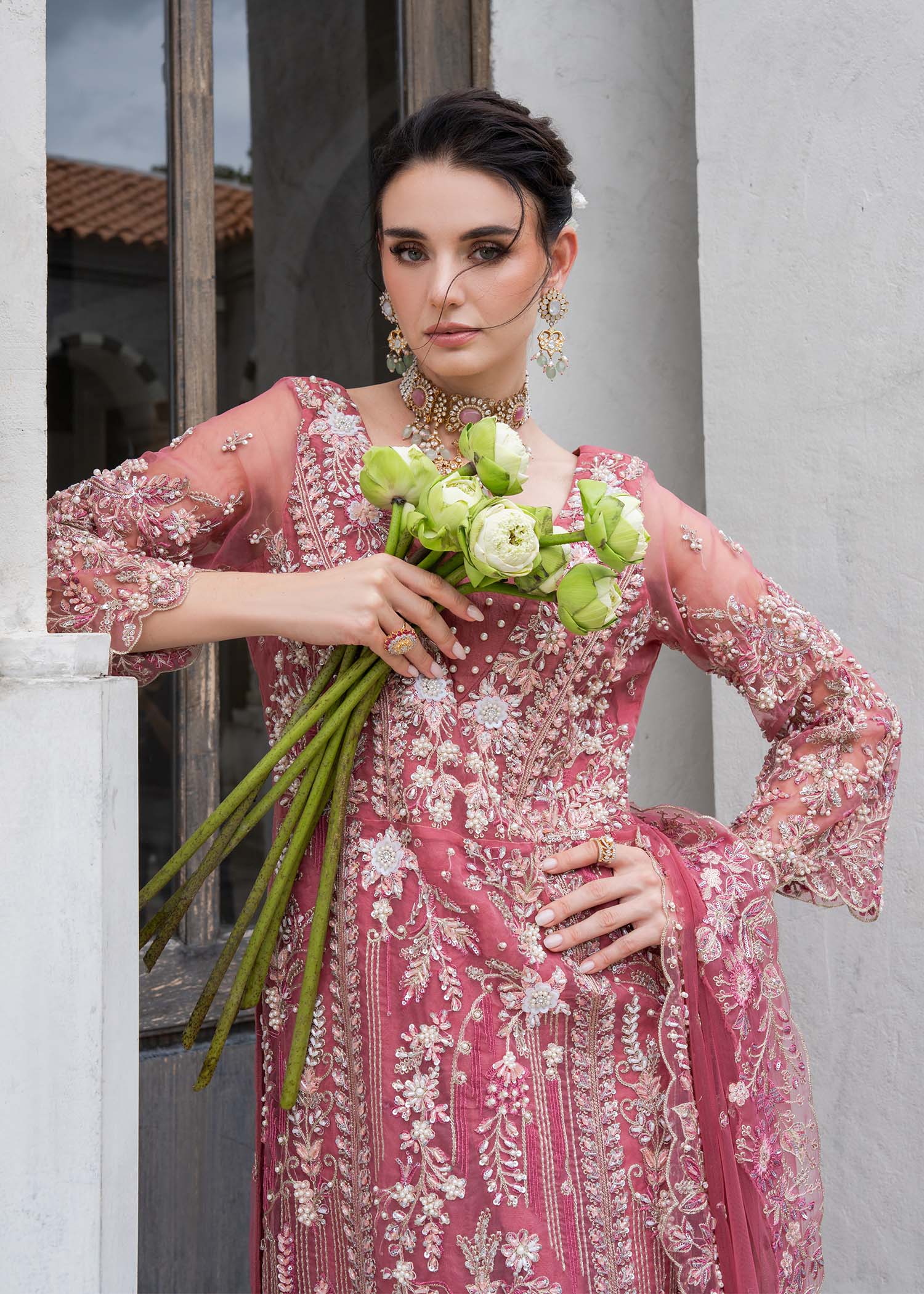 organza Kurta Set in Tea rose pink