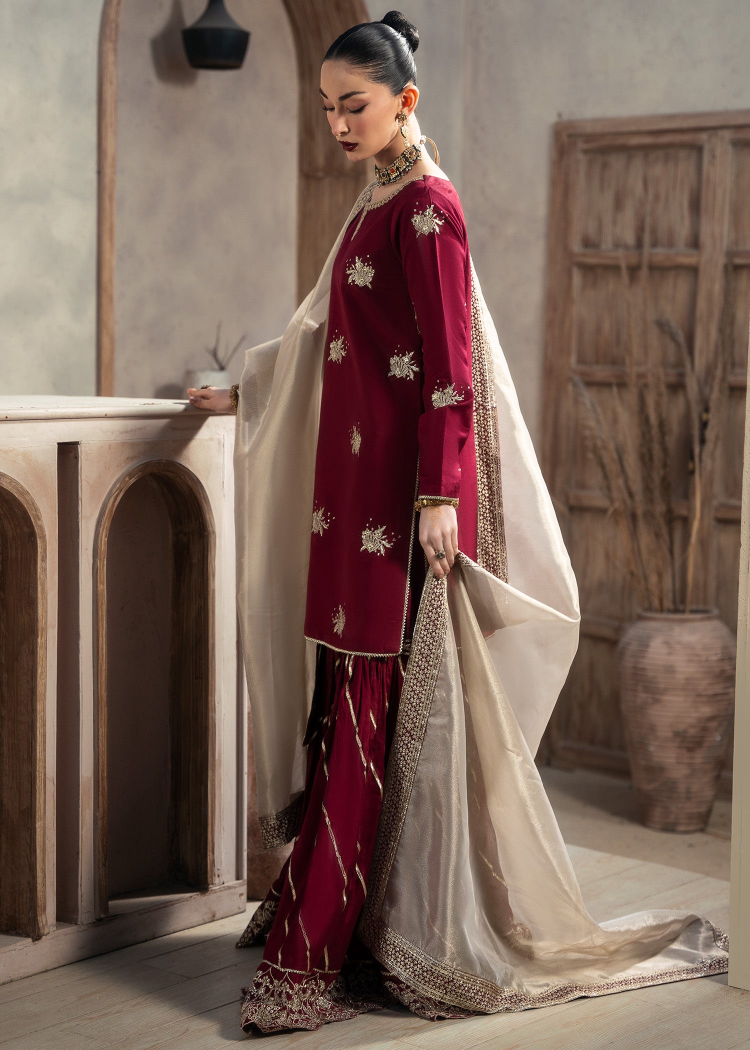 raw silk Gharara in Maroon