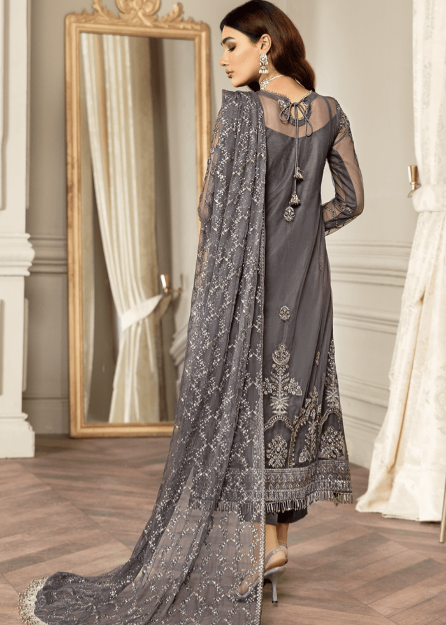 net Kurta Set in Zinc grey