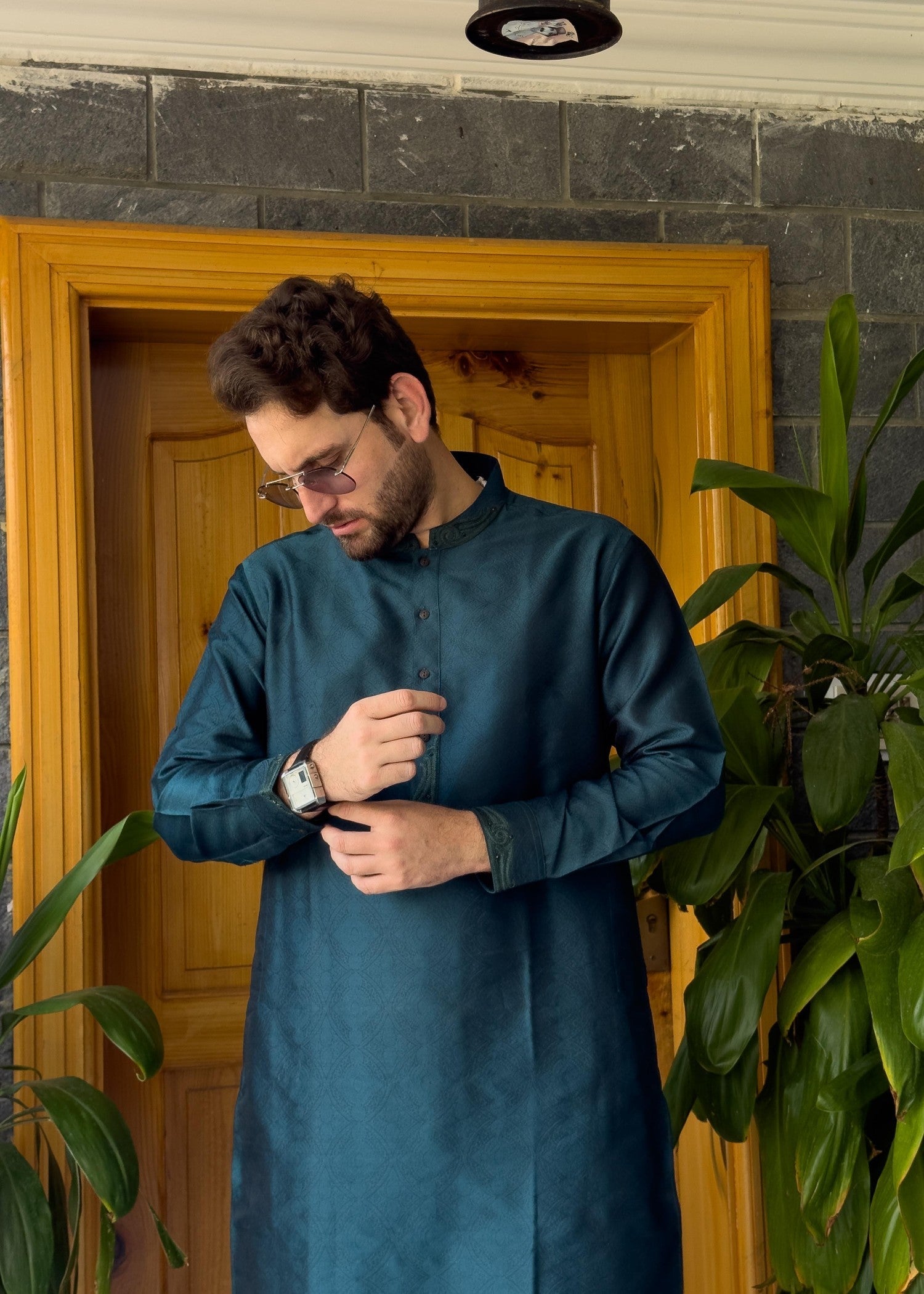 traditional jamawar Kurta in Teal