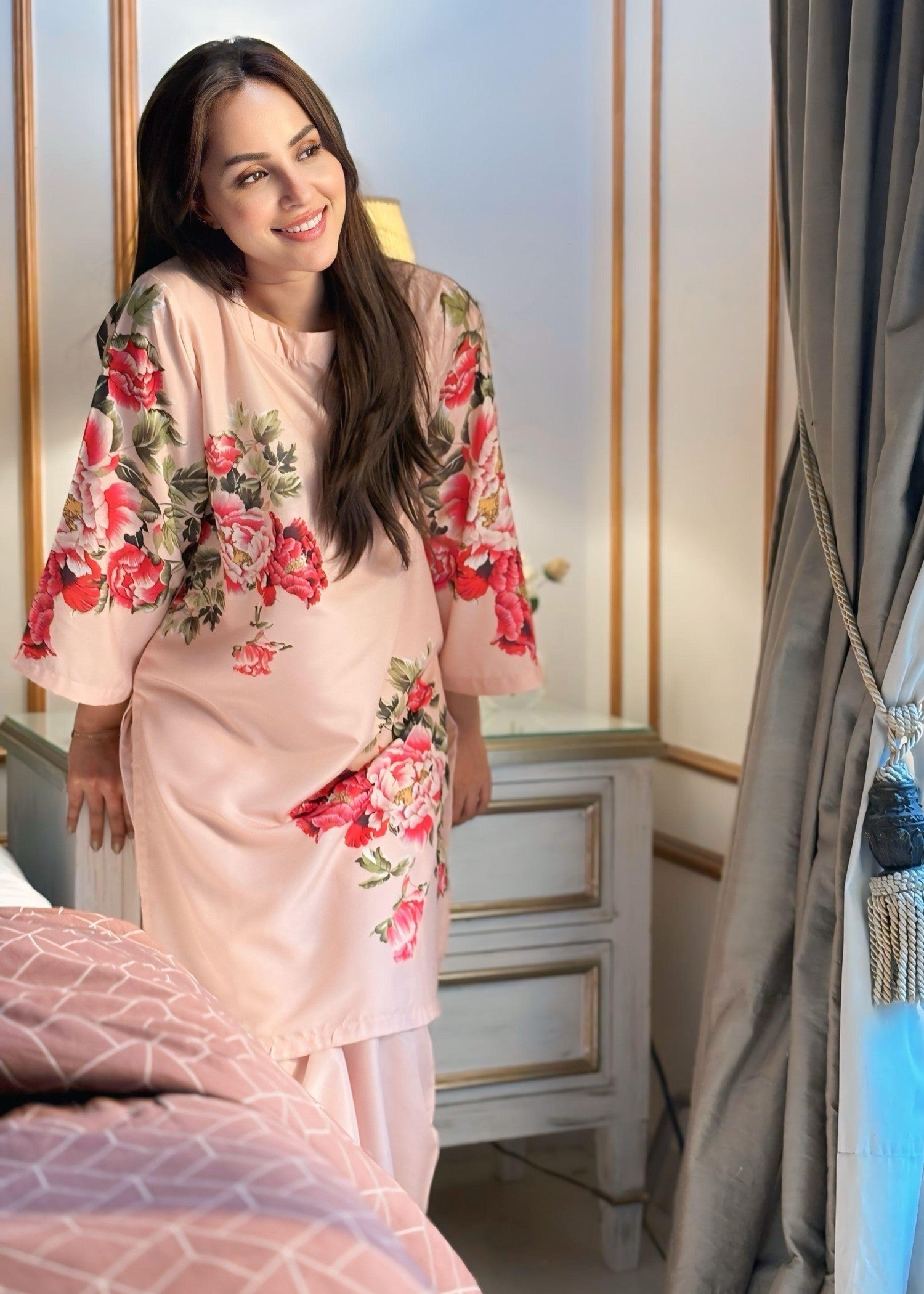 poly lawn Co Ord Sets in Peach pink
